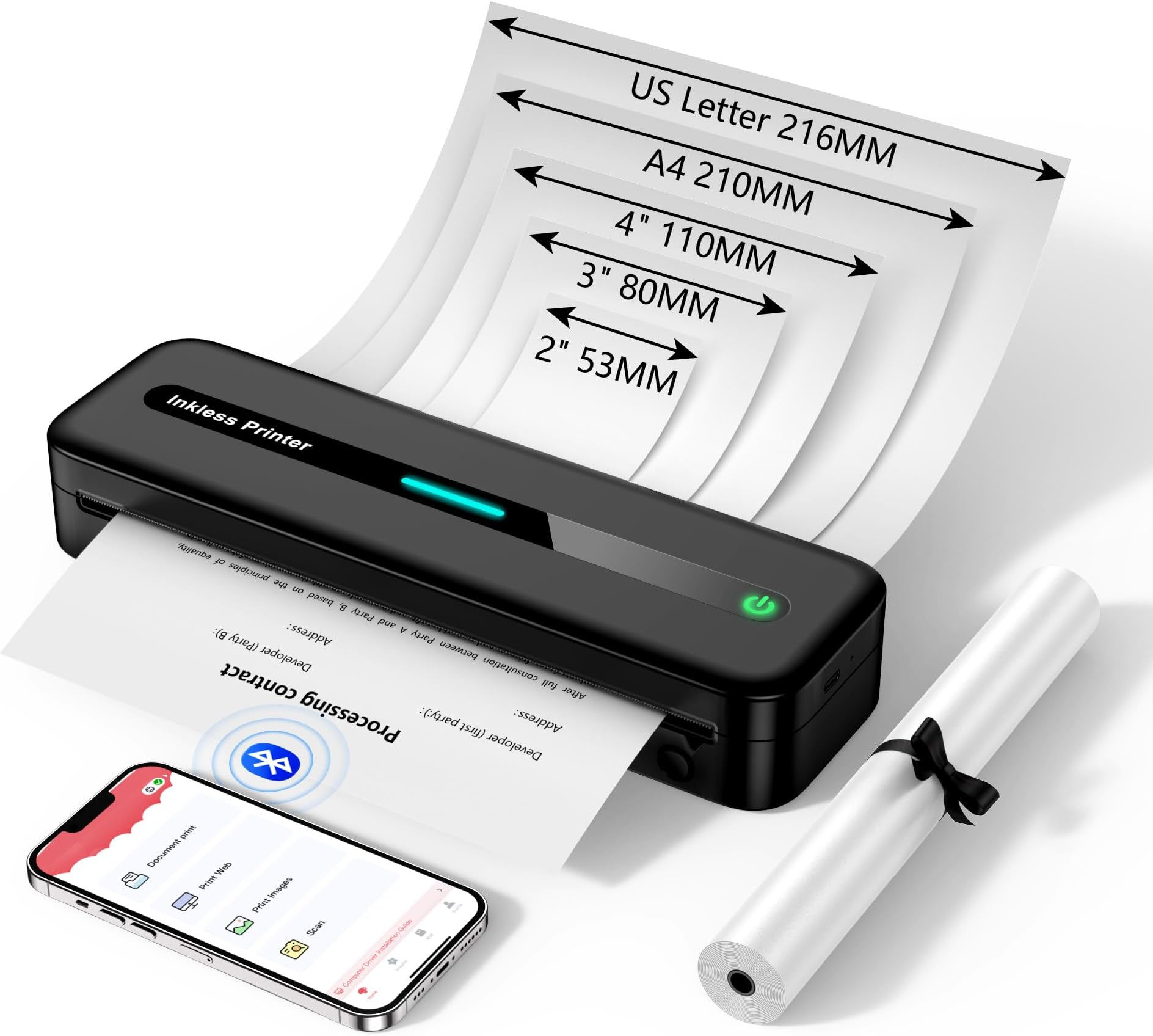 ASprink Portable Bluetooth Thermal Printer for Travel, Wireless Thermal Printer A4, Inkless Printing from Smartphone and Laptop, Supports US Letter & A4 for Home, Office or Car Use, Black