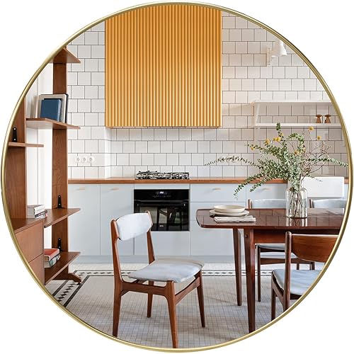 JamsGrenco Espejo de pared redondo de aleación de aluminio dorado de 20 pulgadas para baño, sala de estar, dormitorio, entrada