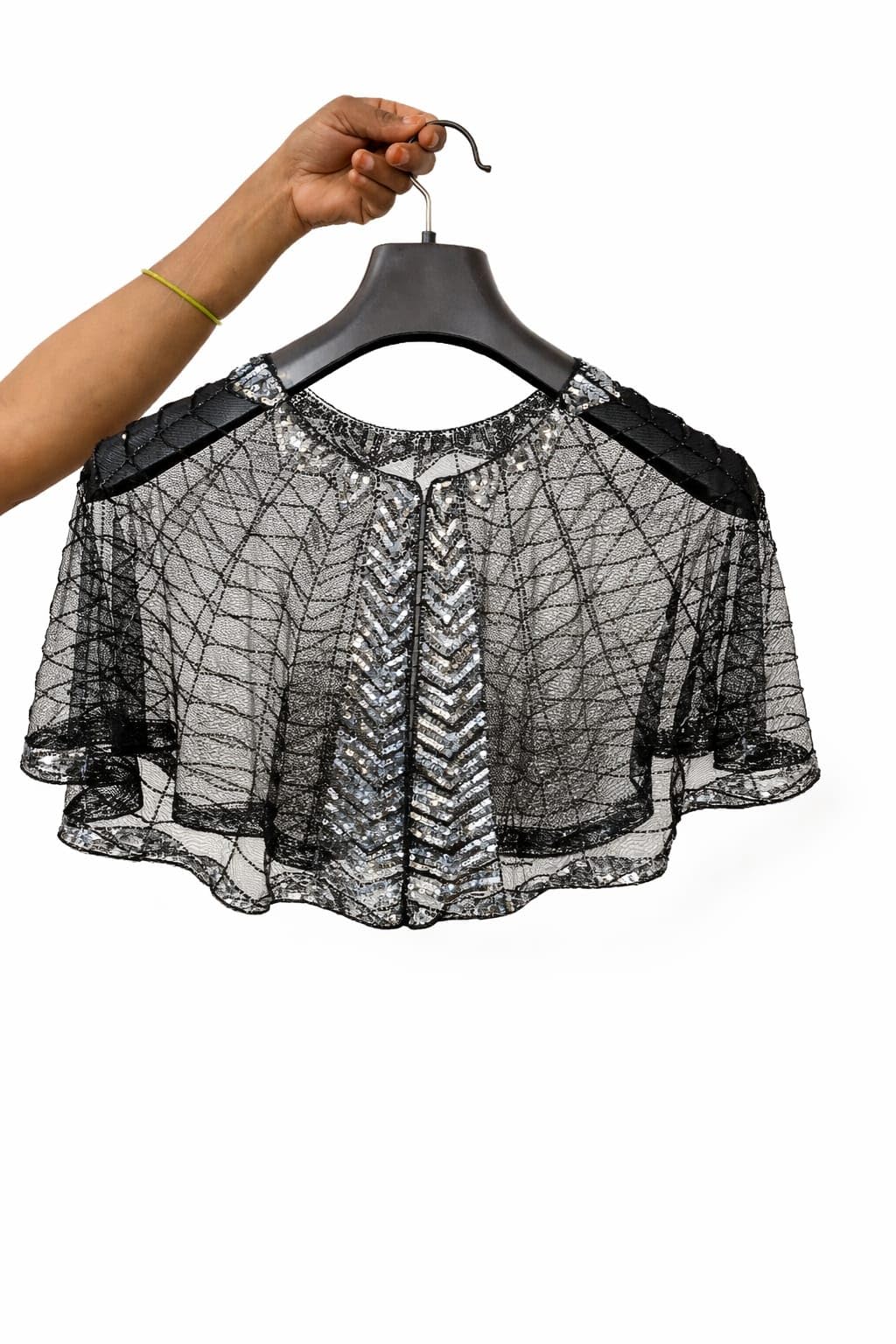 Women’s Black Embroidered Net Cape Shrug, Stylish Sheer Mesh Overlay Poncho for Party, Ethnic.-image-30