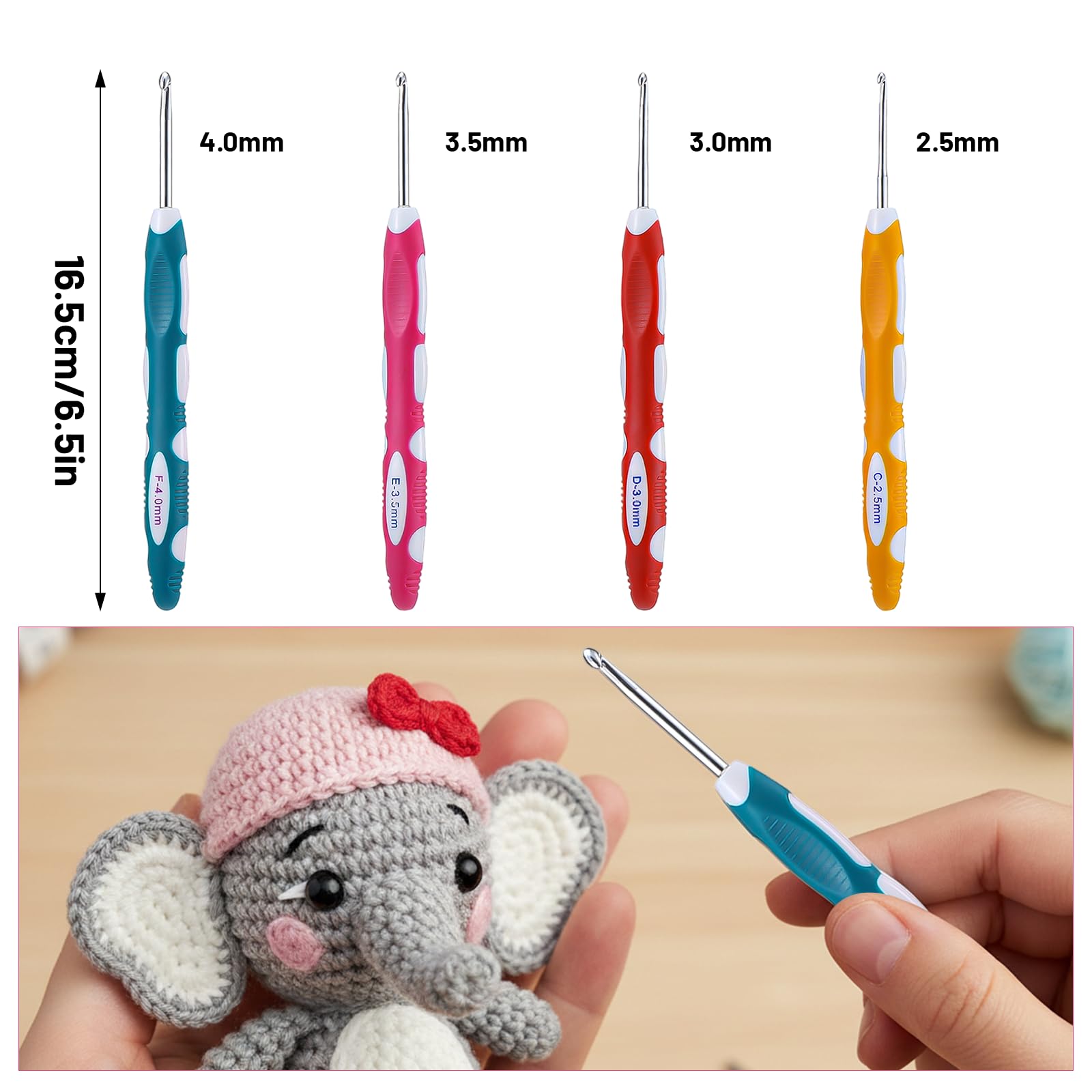 TIESOME 4 PCS Ergonomic Crochet Hooks Set, 2.5/3/3.5/4mm Stainless Steel with Soft Handle, Crochet Needles for Knitting Gloves, Hats, Scarves, Bags, DIY Yarn Weaving Tools (4 Colors) - 3