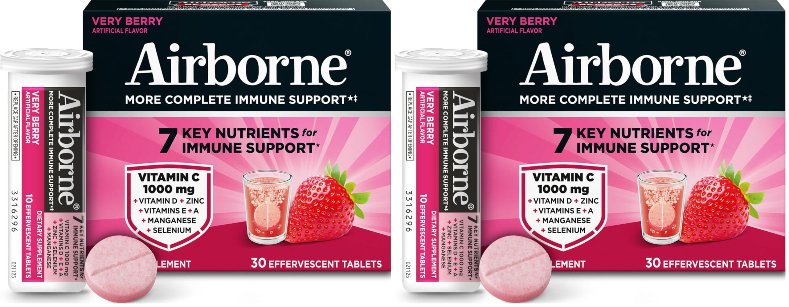 Airborne 1000mg Vitamin C with Vitamin D & Zinc, Sugar Free Multivitamin Immune Support Supplement, Antioxidants Vitamins A C & E, Very Berry Flavor, 30 Tablets (Pack of 2) Berry 30 Count (Pack of 2)
