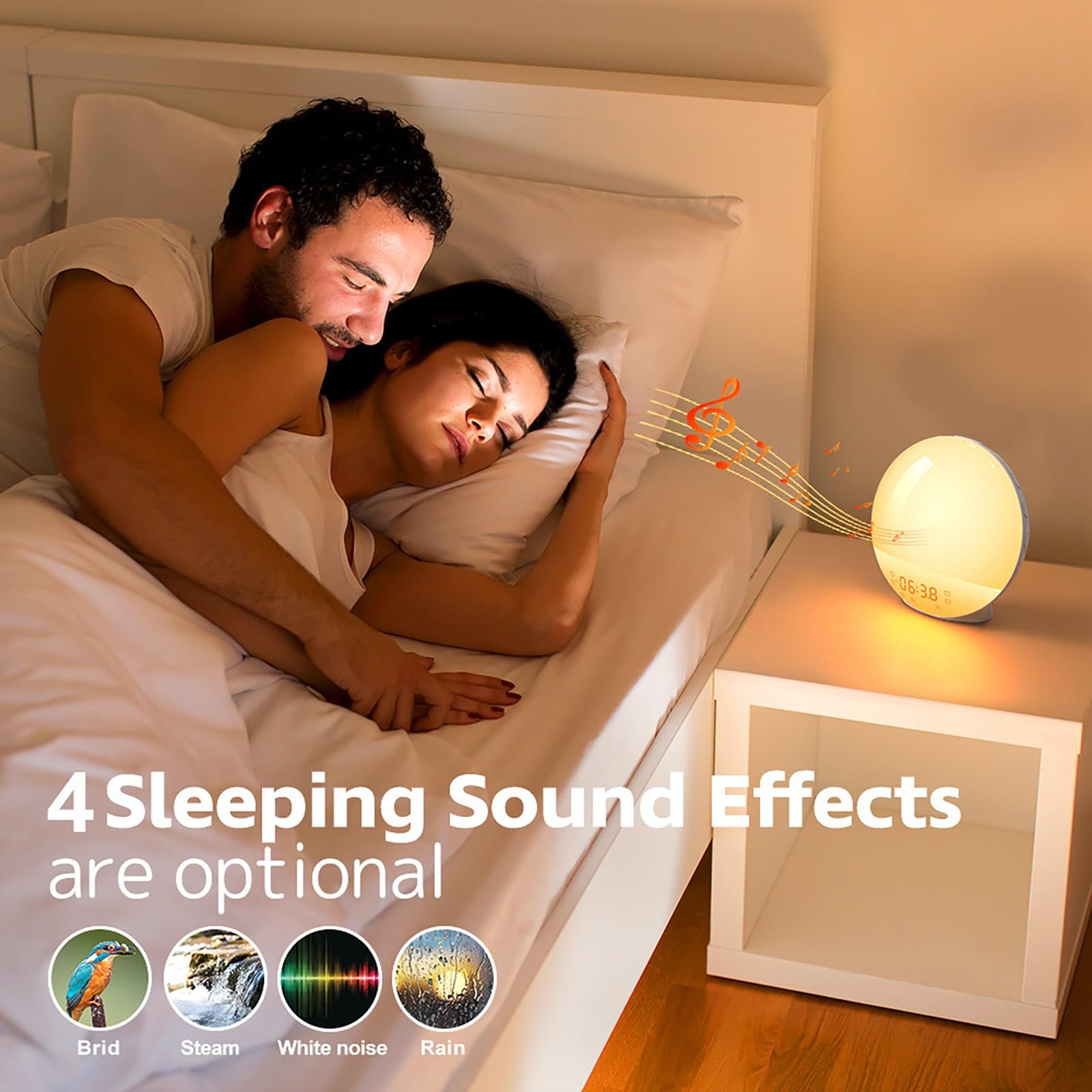 Sveglia Wake Up Light Sunrise, Luce D'atmosfera con 7 Colori Cangianti E Suoni Naturali, Generatore Di Rumore Bianco per Camera Da Letto, Funzione Snooze