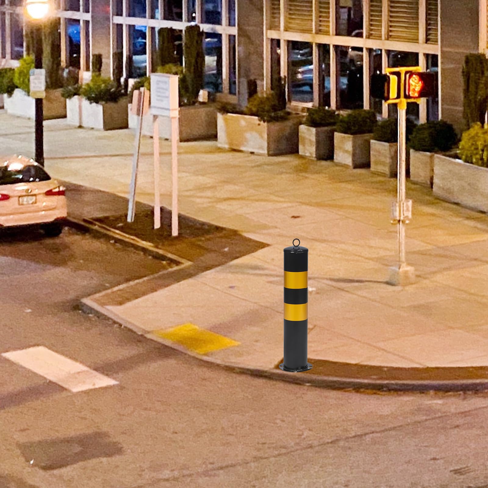 Poste de Barrera de Seguridad de Acero Inoxidable 50 Cm Franjas Negras y Amarillas, Columna de Tráfico Reflectante para Control de Acceso y Delimitación Vial, Bolardo
