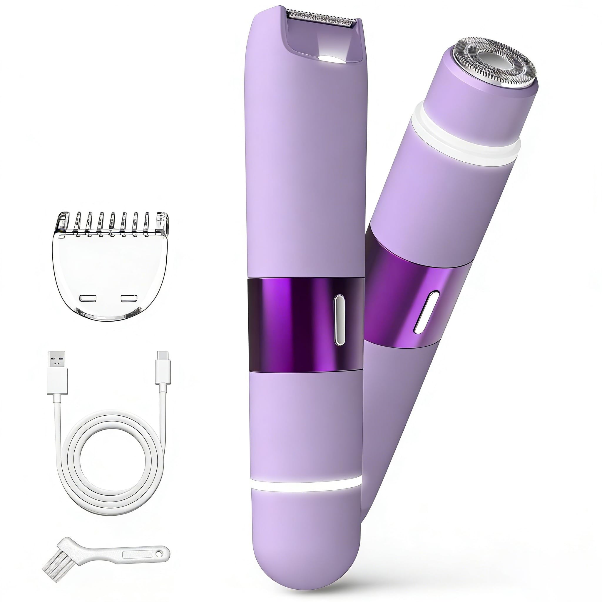 Recortadora de bikini para mujer, 2 en 1, recargable, con luz LED, removedor de vello facial para mujer, IPX7, impermeable, para mujeres en húmedo y seco (morado)