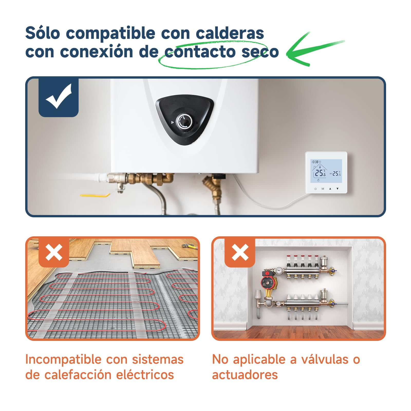 Termostato Calefaccion 2 Cables con Batería.Termostato de Caldera Digital Programable Manualmente para Calefacción de Gas y Agua.Termostato Ambiente de Pared.Batería no incluida 3A