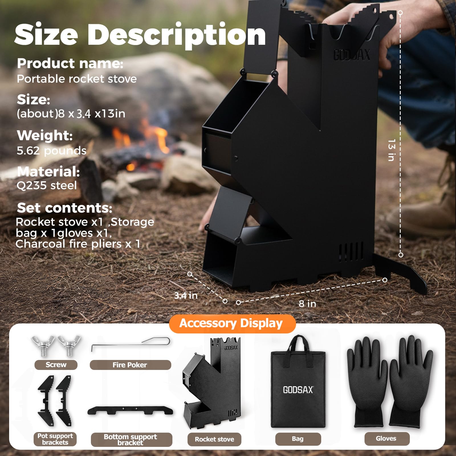 Rocket Stove Rocket Poêle à bois portable pour la cuisson dans le jardin, le camping, les événements en plein air, le barbecue, livré avec sac de rangement
