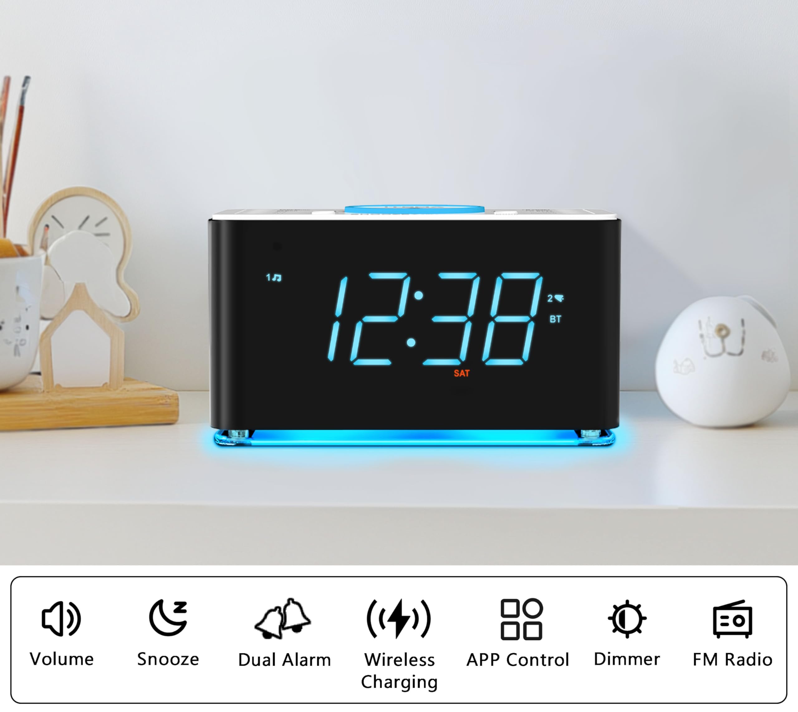iTOMA Radio Despertador con Cargador inalámbrico de 15w, App Control, FM Radio, Bluetooth, Dos Puertos de Carga, Despertador Doble, cronómetro de sueño, Snooze, dimmer, luz Nocturna 207A