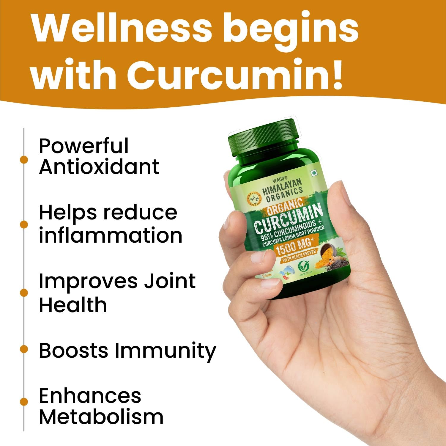 Vlado's Himalayan Organics - Organic Curcumin Tablets 1500+ Mg/Serving with Black Pepper and 95% Curcuminoids | Anti inflammatory Supplement for Adults | With Curcuma Longa, Turmeric | 60 Veg Tablets — Amazon image 9
