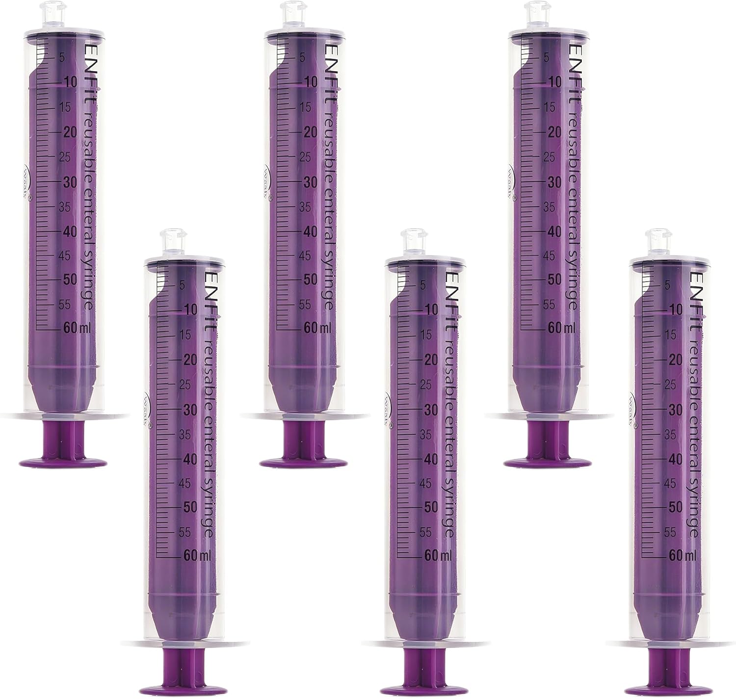 ENFit Reusable Enteral Syringe 60 mL, 6 Pack - Reusable O-Ring gasket Syringe, Individually Sterile Packed, Easy to Clean and Reuse