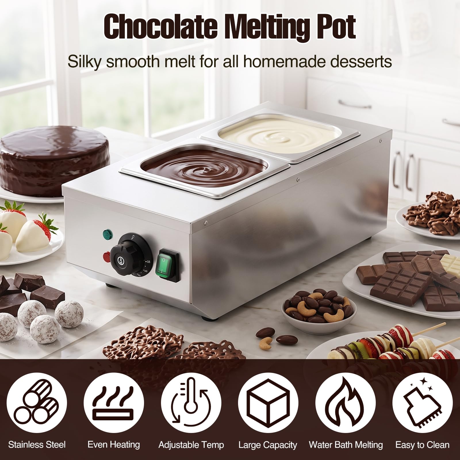 Tempéreuse à Chocolat Commerciale 800 W, Fondoir à Chocolat en Acier Inoxydable, Bain-Marie Électrique à 2 Cuves 1,5 L, Température Réglable 30-80°C, Pour Chocolat Beurre Crème Lait