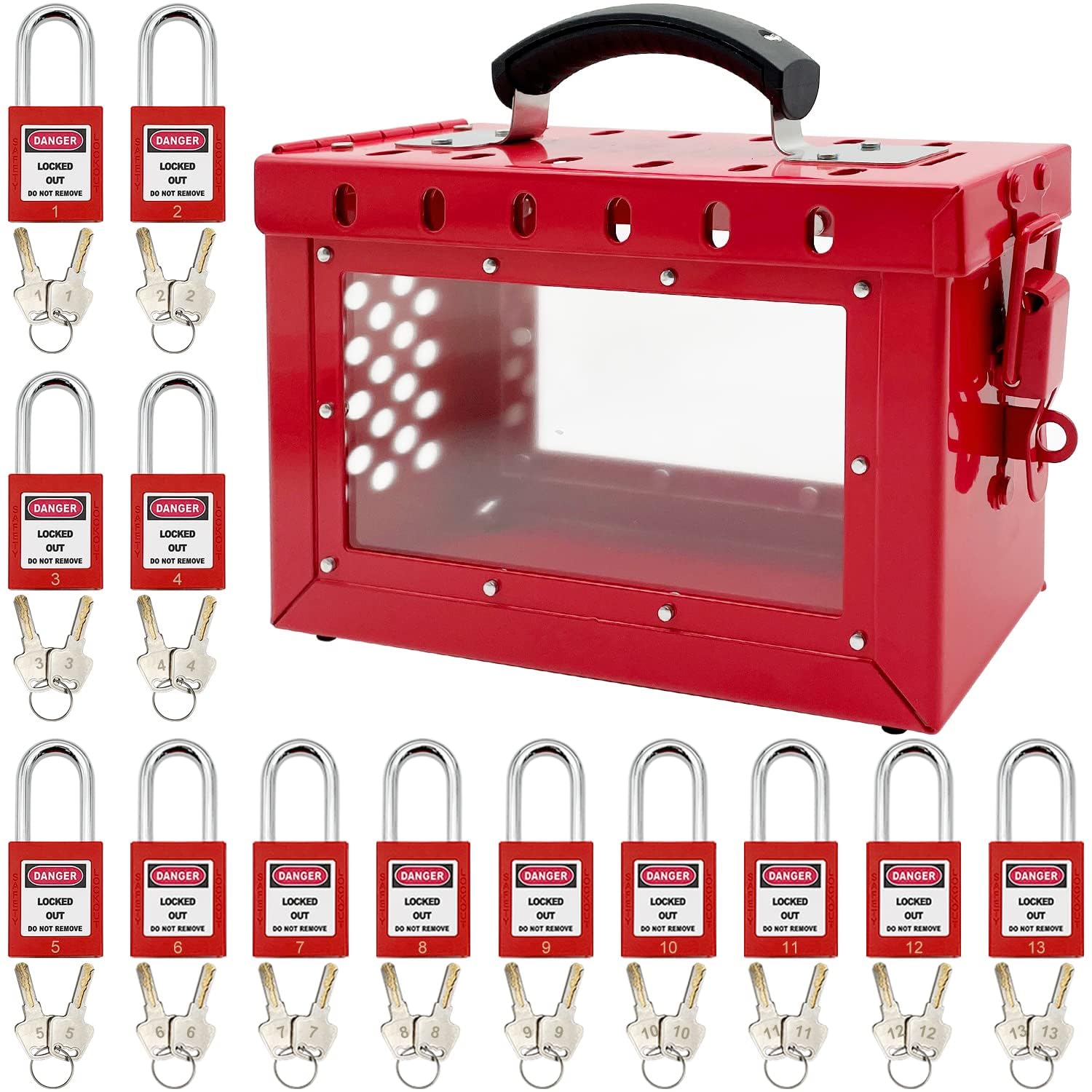 SAFBY Lockout Tagout Box Kit Portable Safety Group Padlock Box with 13 Loto Locks Lock Out Tag Out Station (1pcs Loto Box with 13 Locks)