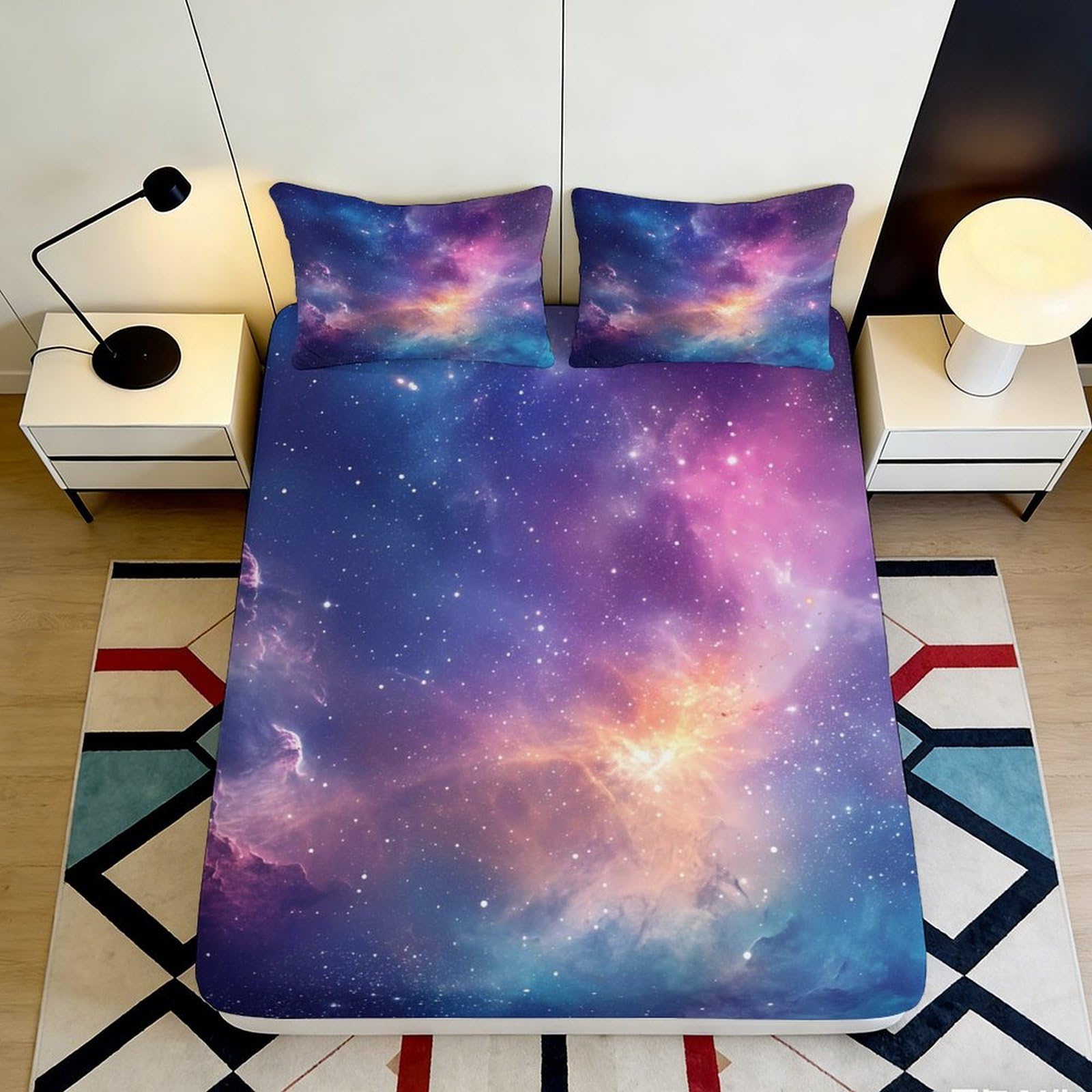 3D Printed Galaxy Starry Sky Fitted Sheet Microfiber Soft Breathable Cosmic Nebula Mattress Cover for Bedroom Dormitory Guest Room Mattress Protection 200x200x25cm