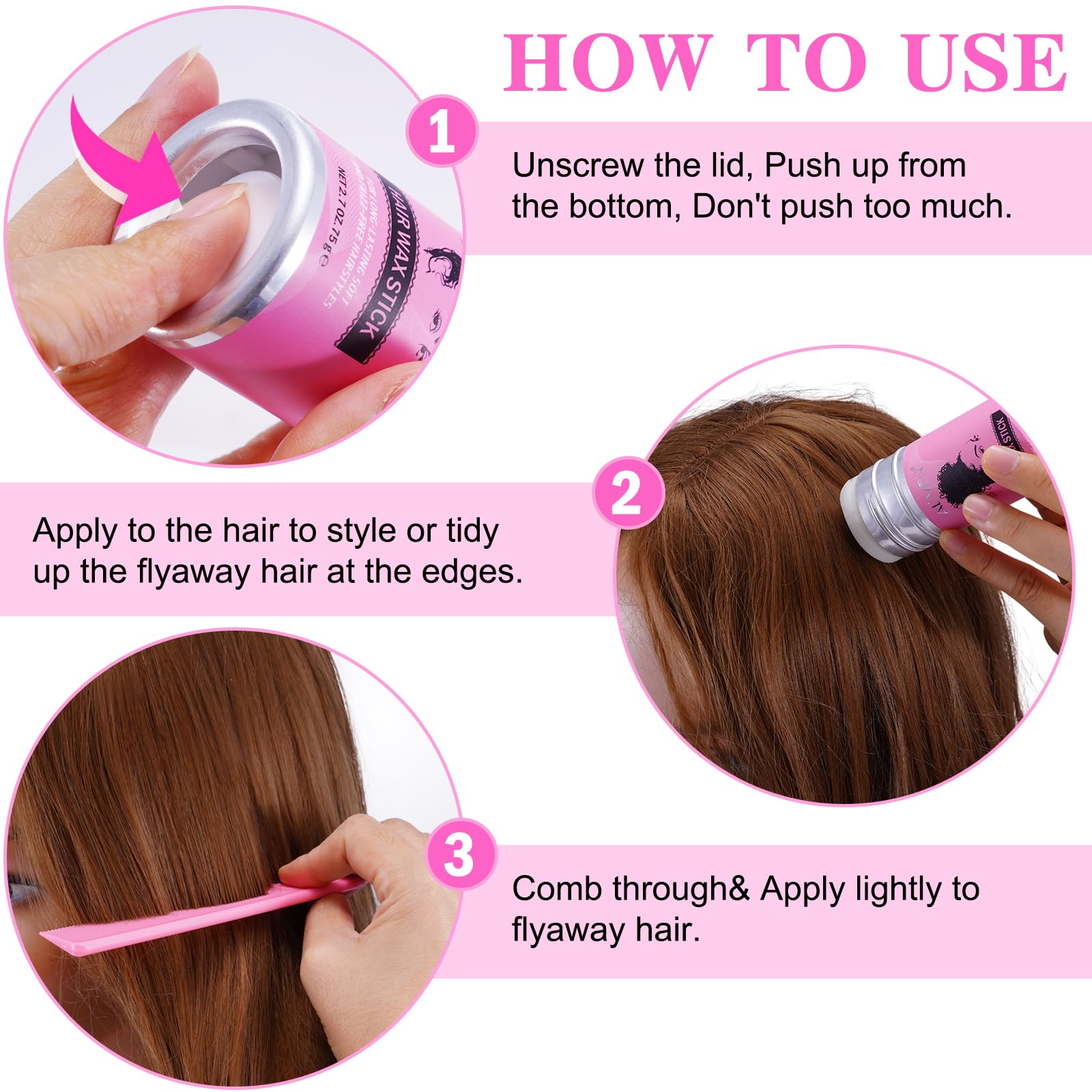 Bastone di cera per capelli+Set di 3 Pettini Spazzola Capelli Setole,cera capelli, pomata per lo styling di parrucche Acconciatura Spazzola e Pettine a Coda Robusto per Styling Unisex (75g-cera stick)
