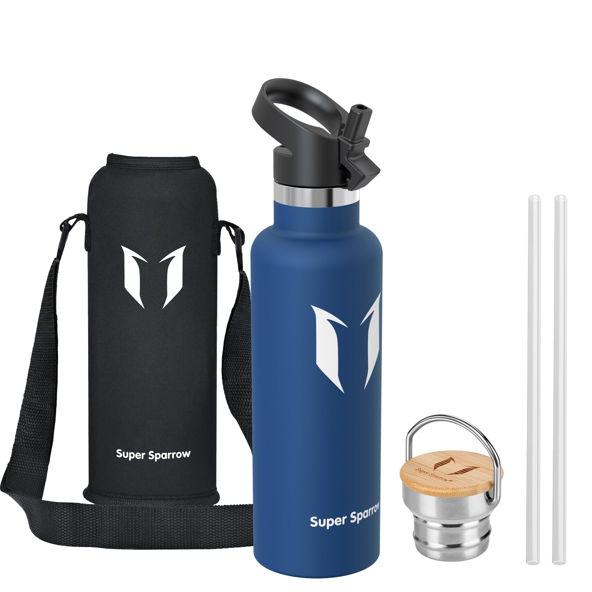 Super Sparrow Water Bottle Stainless Steel - 750ml - Insulated Metal Water Bottles - Standard Mouth Flask - BPA Free - Straw Bottle for Work, Gym, Sports - 2 Lids
