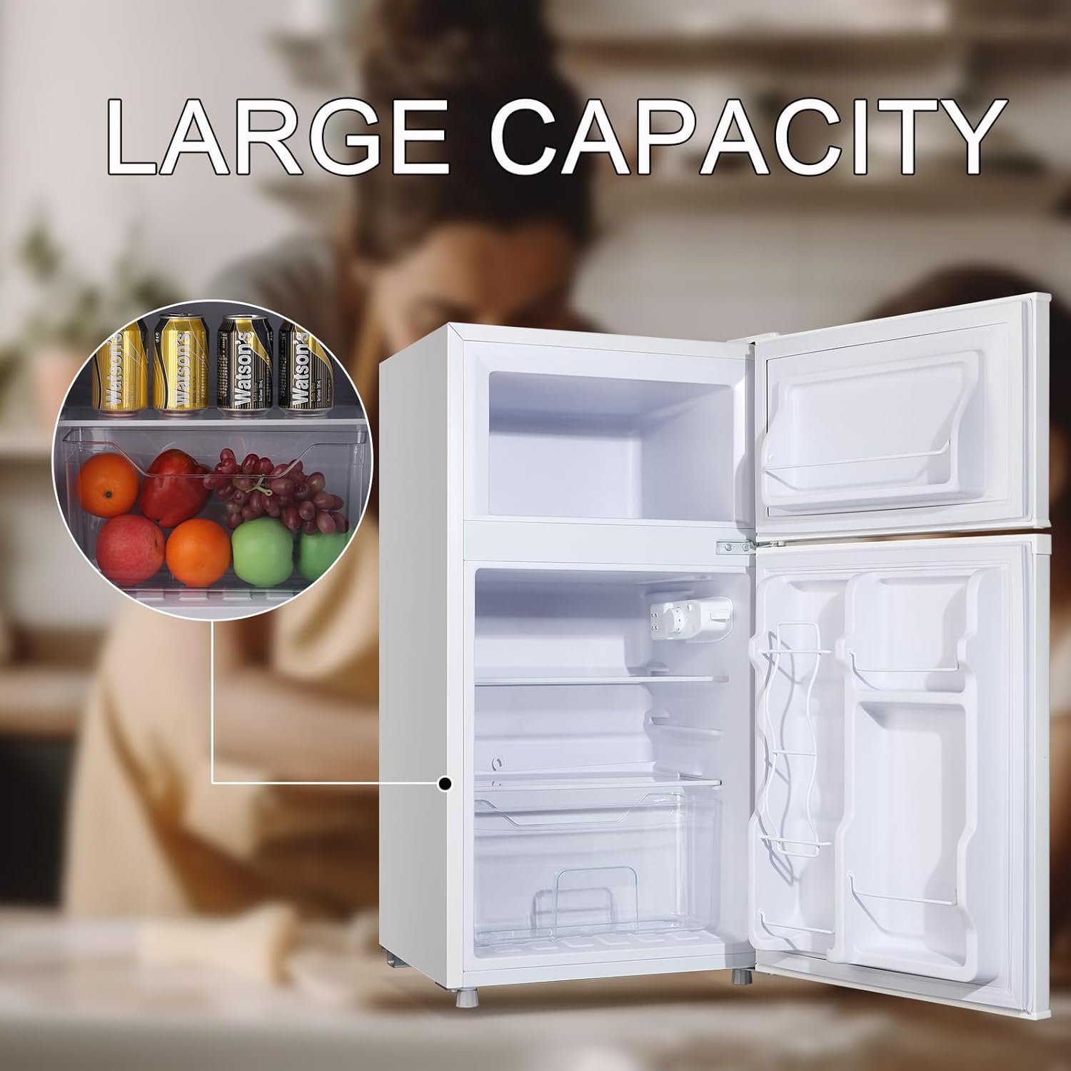 WANAI Compact Refrigerator 3.2 Cu.Ft Retro Mini Fridge With Freezer 2 Door Mini Refrigerator with 7 TEMP Modes, Removable Shelves, LED Lights, Ideal for Apartment Camper Dorm and Office, Black