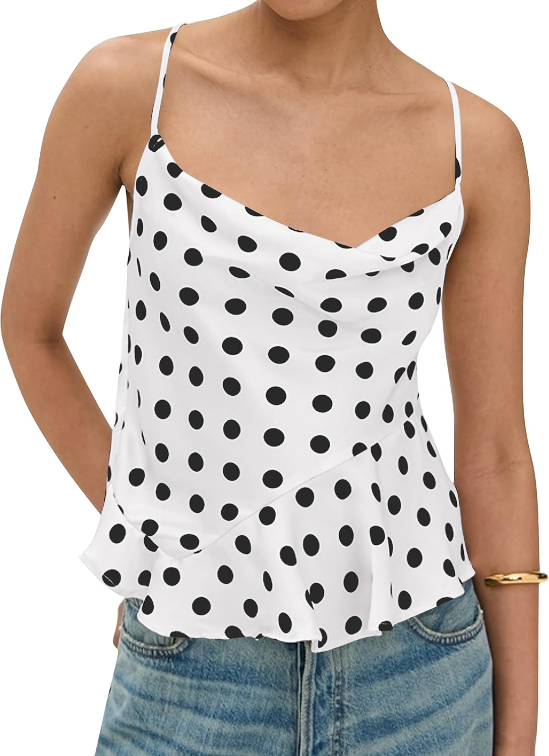 Womens Polka Dot Satin Tank Tops Cowl Neck Tie Back Sleeveless Shirt Asymmetrical Ruffle Hem Camisole Crop Tops