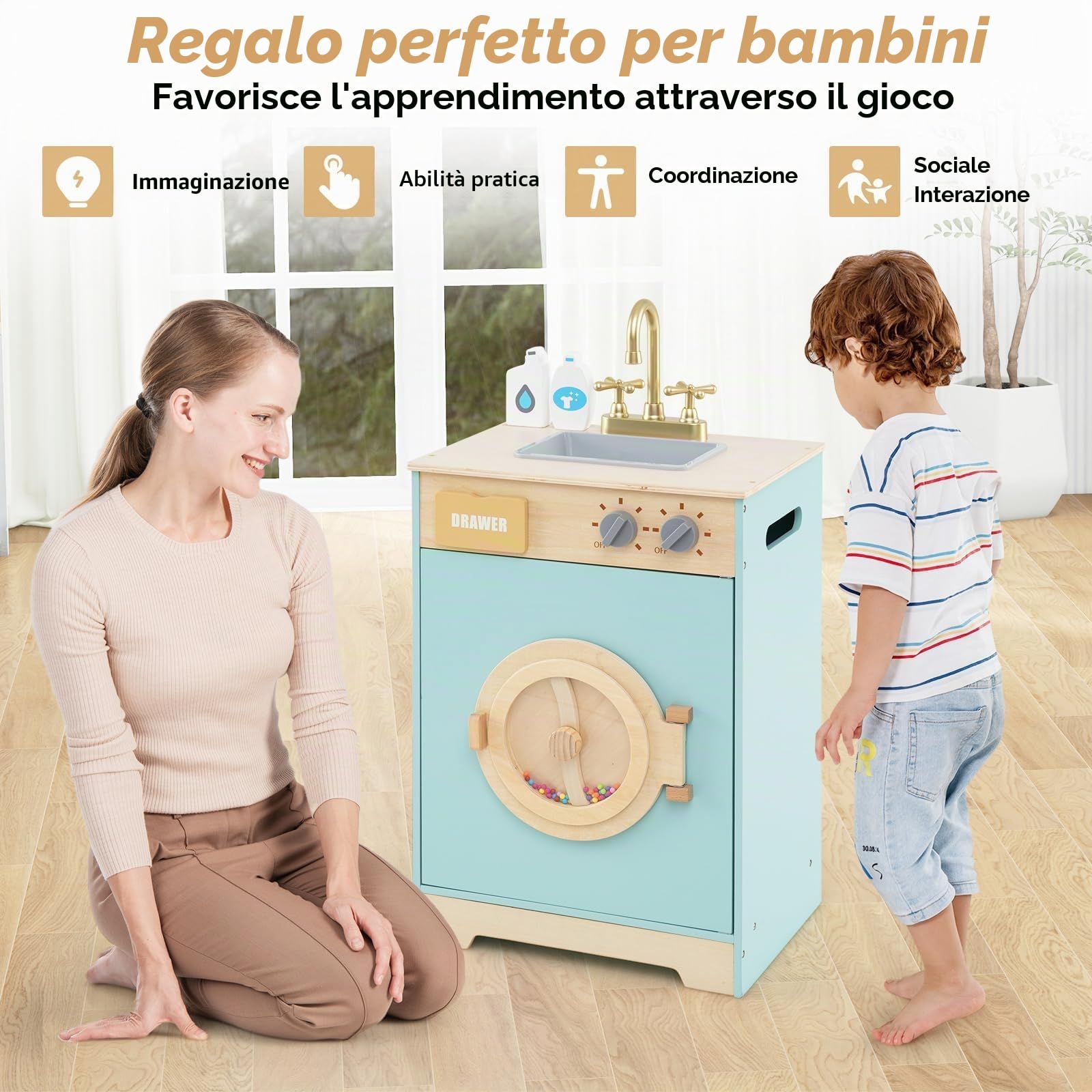 FANTASK Set di Gioco Lavatrice, Giocattolo di Legno per Bambini con Detersivo & Igienizzante per le Mani, Set di Biancheria con Lavandino, Cassetto & Ruota Girevole, per Bambini dai 3 Anni