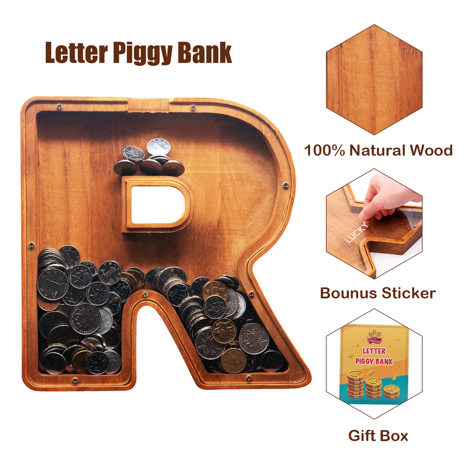 Crefun Large Wooden Letter Piggy Bank - 9.1 Inch Personalized Money Box With Alphabet Stickers, Natural Wood & Acrylic - View #2