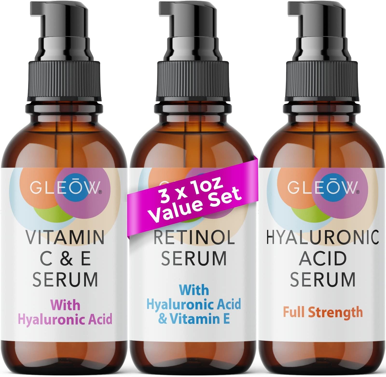 Retinol Serum for Face, Vitamin C with Hyaluronic Acid Face Serum for Women and Men, Glow Skin Care Set Total Package Targets Appearance of Uneven Skin Tone and Dryness 3x1oz