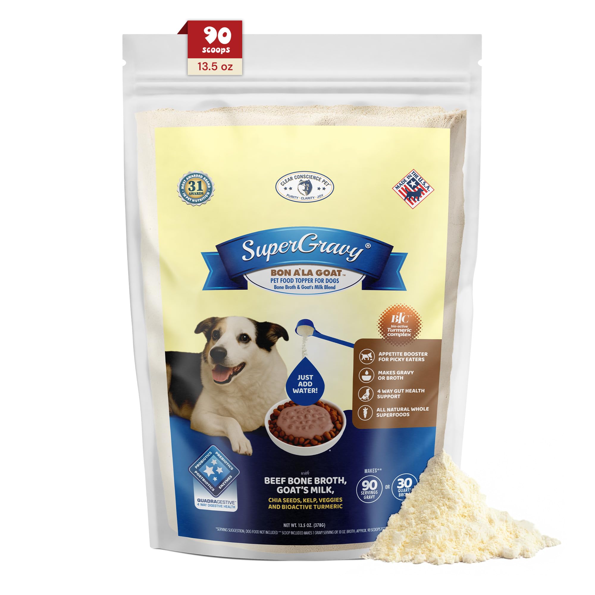 CLEAR CONSCIENCE PET® Bon A'la Goat SuperGravy® Dog Food Topper Hydration Broth Mix Greek Yogurt Cheese Blend Kibble Seasoning Probiotics Prebiotics Enzymes Taurine 13.5 oz. 90 Scoop, All Life Stage