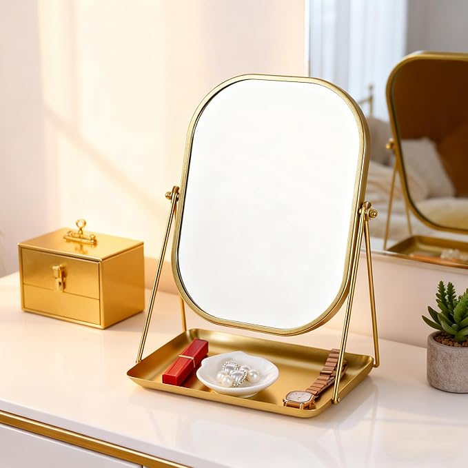 Espejo de Maquillaje Tstarer Giratorio 360° con Base de Almacenamiento, Dorado miniatura 2