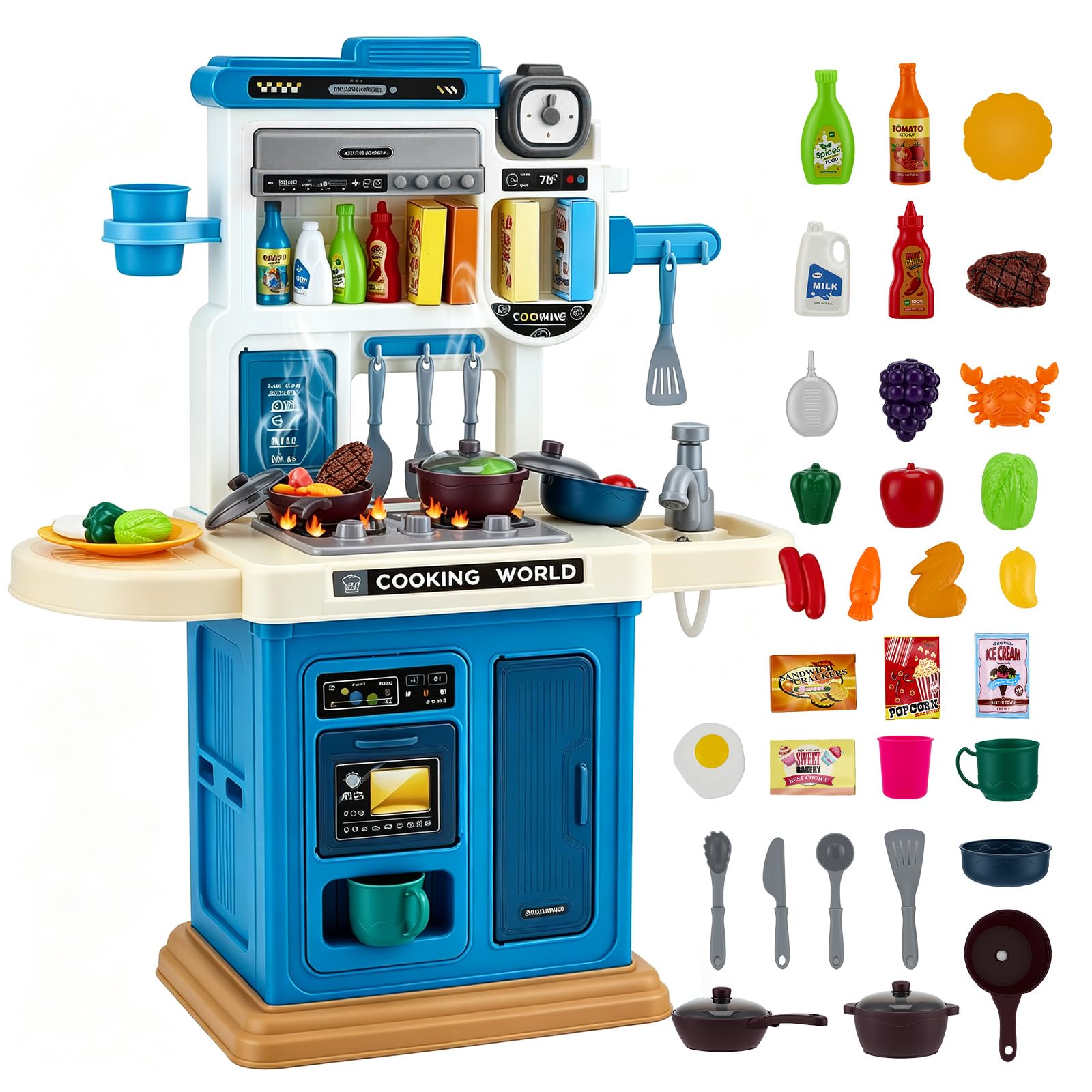 Cuisine Enfant avec 50 Accessoires, Cuisine Jouet avec Lumière, Son & Vapeur, Cuisine Enfant avec Plaque de Cuisson, Évier & Fonction Eau, Cuisine Poupée, Cuisine Jouet pour Enfants dès 3 Ans, Bleu
