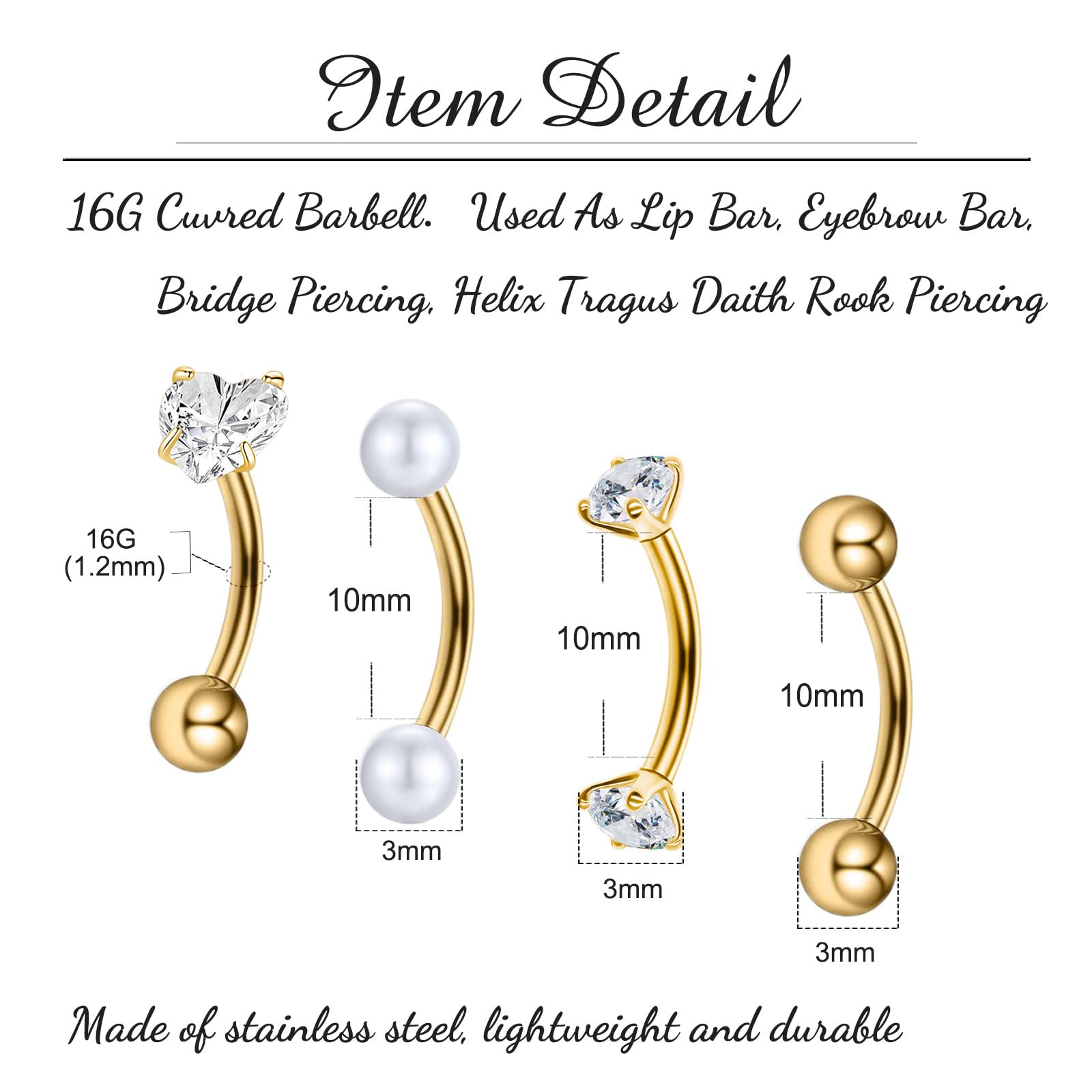 Piercing Ceja Rook Piercing Labio Daith Helix Barra Curva 8mm Acero Inoxidable 16G Piercing Banana Piercing para cejas Plata y Oro Negro