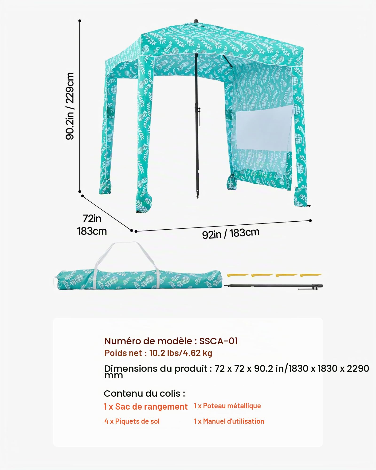 VEVOR Tonnelle de Plage 1,83x1,83 m, Abri de Plage avec Parois Latérales et Poches à Sable, Tente de Camping Extérieur Portable avec Sac, Protection UPF 50+, Hauteur Réglable, Ombrage Spacieux, Vert