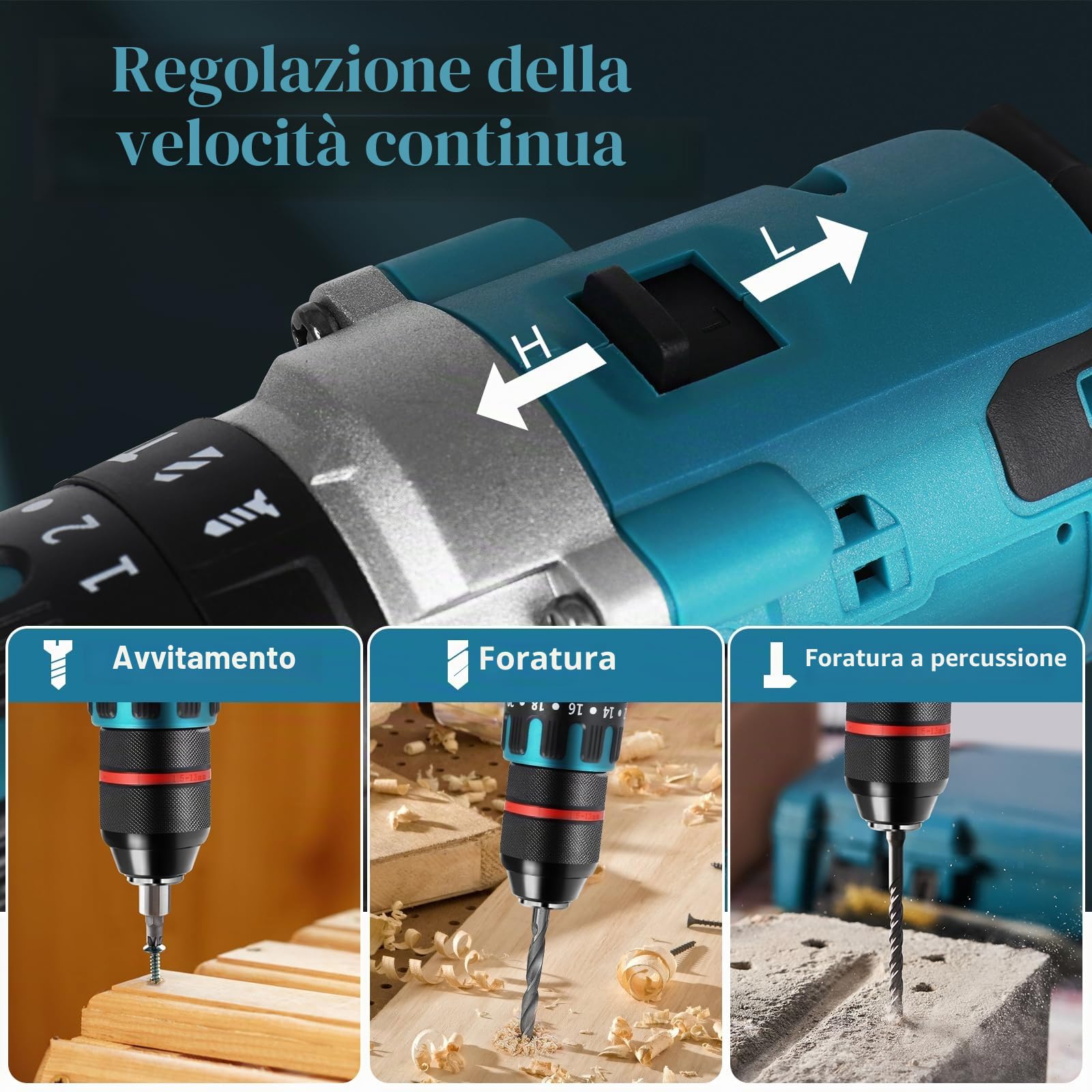 Trapano avvitatore a batteria compatibile con batteria al litio Makita 18 V, trapano a percussione senza spazzole da 120 Nm con 20 + 3 livelli di coppia, mandrino da 13 mm, lampada da lavoro a LED