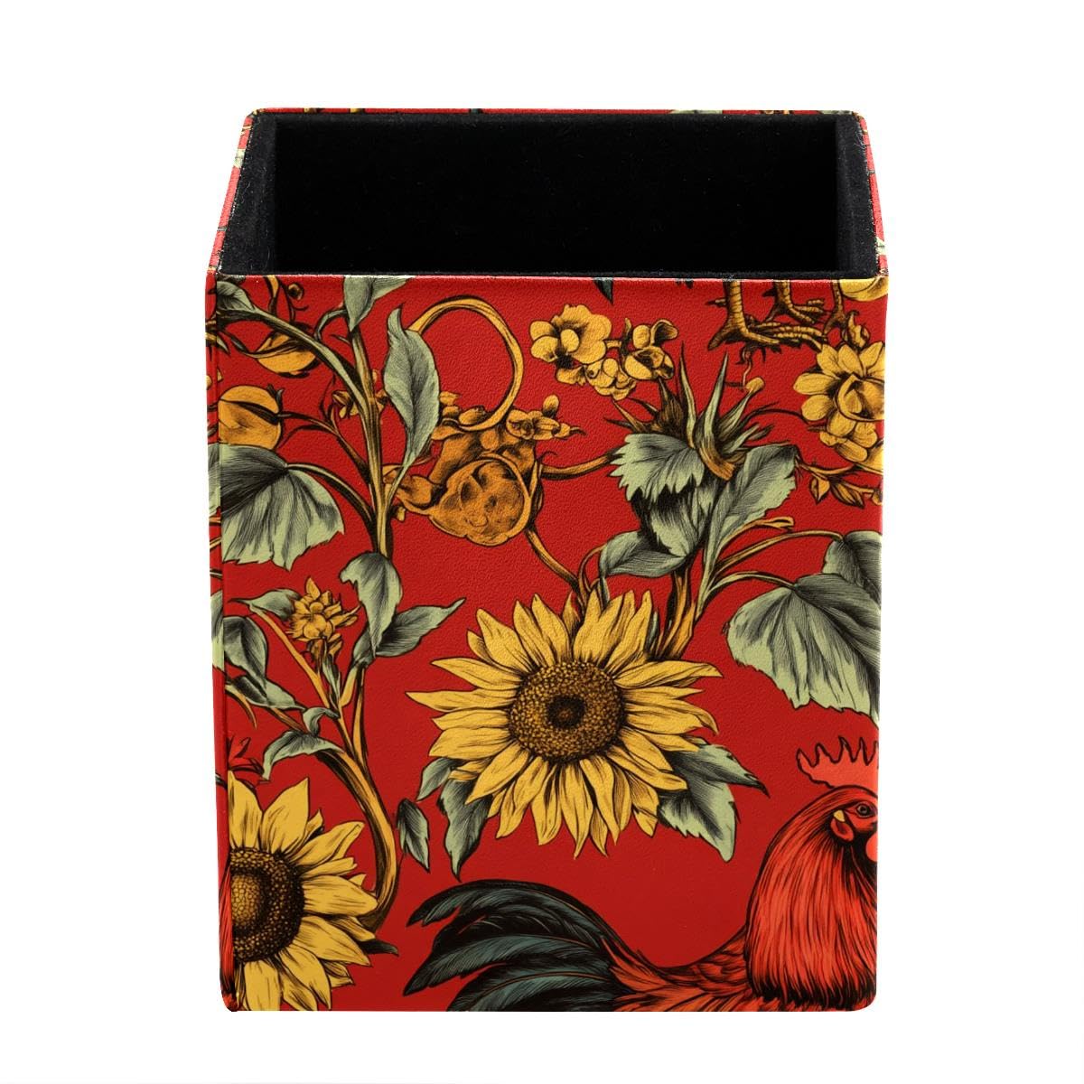HEOEH Sunflowers Rooster Pen Holder Pen Pot, Square Pencil Cup for Desk