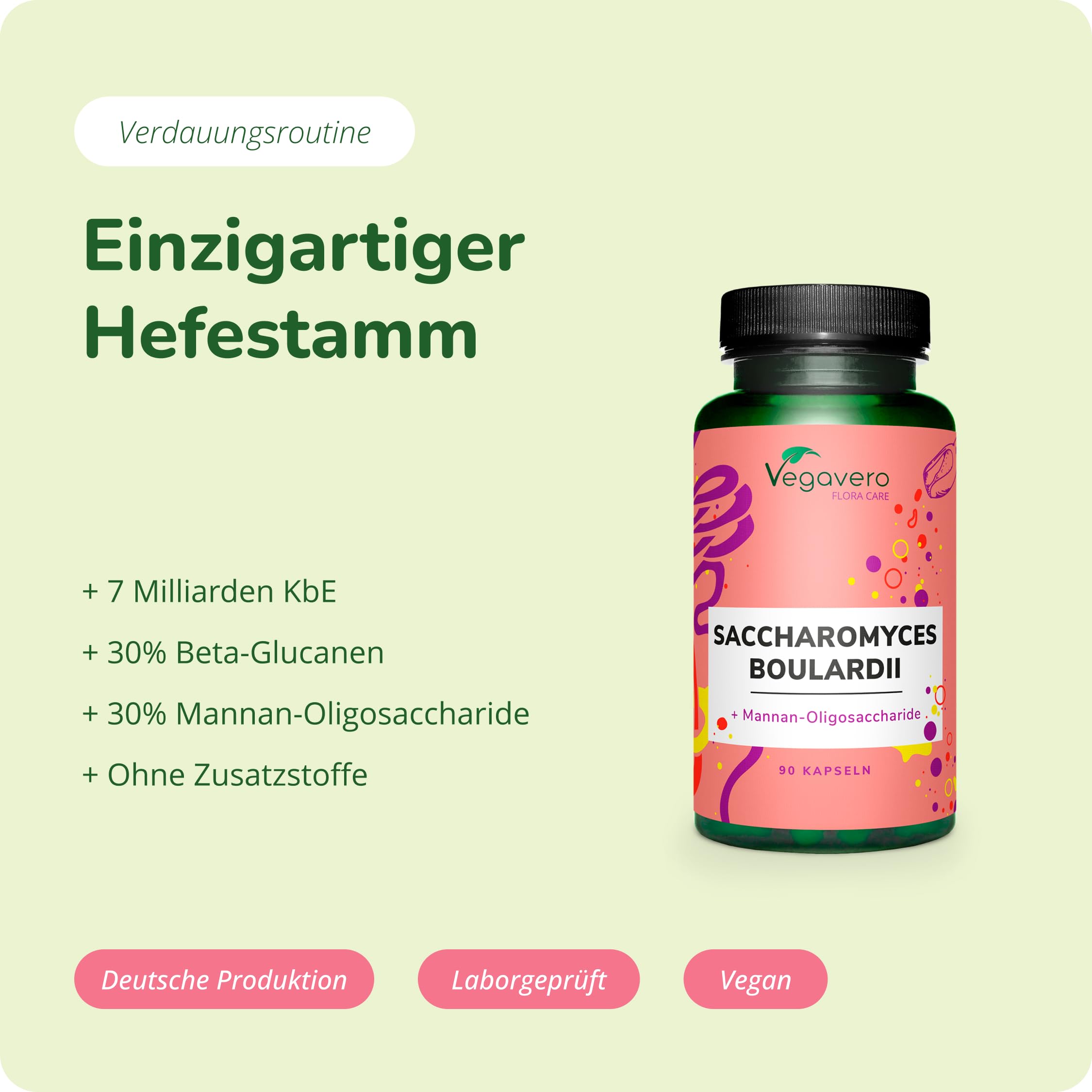 Saccharomyces boulardii Vegavero | Hochdosiert: 350 mg pro Einheit - 7 Mrd. aktive Hefekulturen | Mit Beta Glucanen und MOS aus Bierhefe | Vegan & Ohne Zusätze | Deutsche Produktion | 90 Kapseln