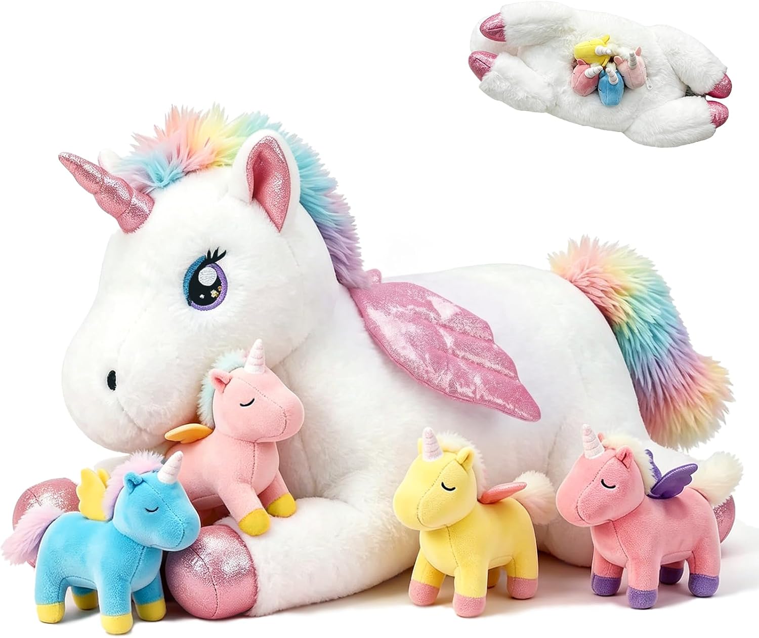 MMguai 5-1 Unicorn Stuffed Animal with Babies in Zipper Belly, Giant 22inch Mommy Unicorn Plush Toy with 4 Baby Unicorns, Big Soft Plushie Gift for Girls Kids, Birthday, Party