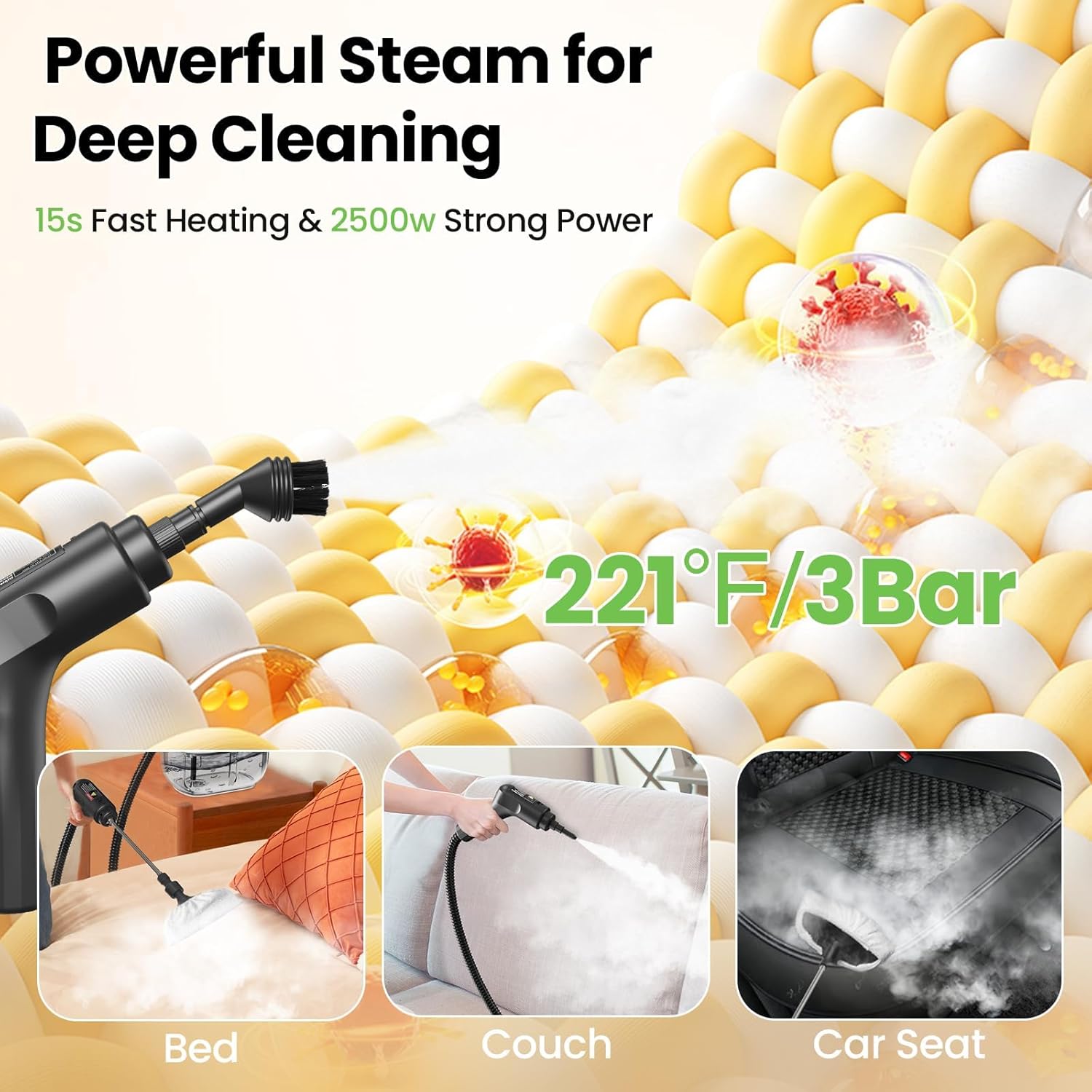 Handheld Steam Cleaner for Home, 2500W High Pressure Steam Cleaner for Car Detailing, 3 Steam Levels, 1600Ml Tank, High Heat Steamer for Bed Bugs, Couch, Furniture, Kitchen, Bathroom, Floors - Image 3