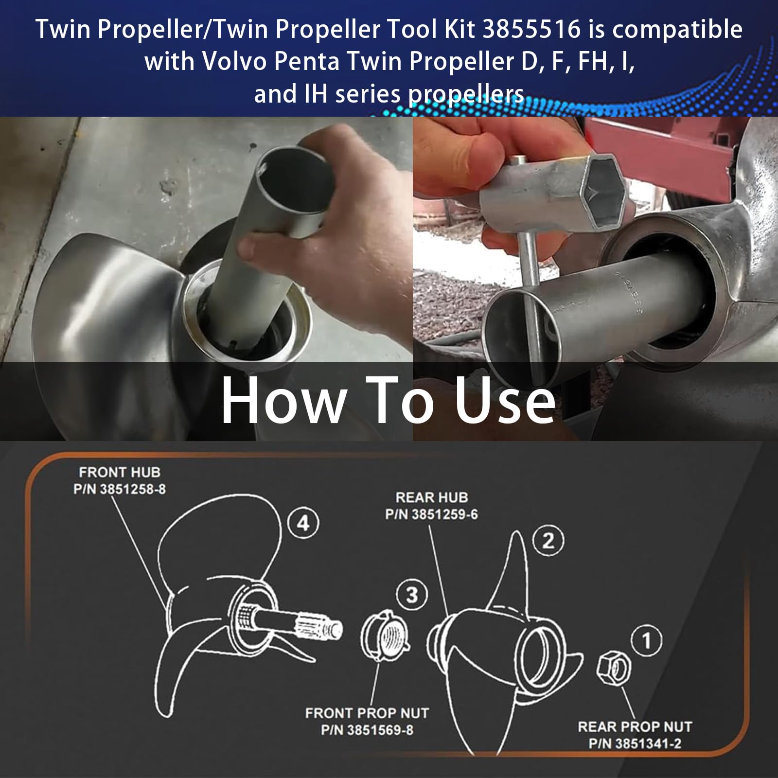 Propellerschlüssel für Volvo Penta DPH/DPS Duoprop Antriebe, Passend für D, F, FH, I, IH Serien, Montage & Demontage Werkzeug, 3855516 Duo/Twin Prop Tool Kit