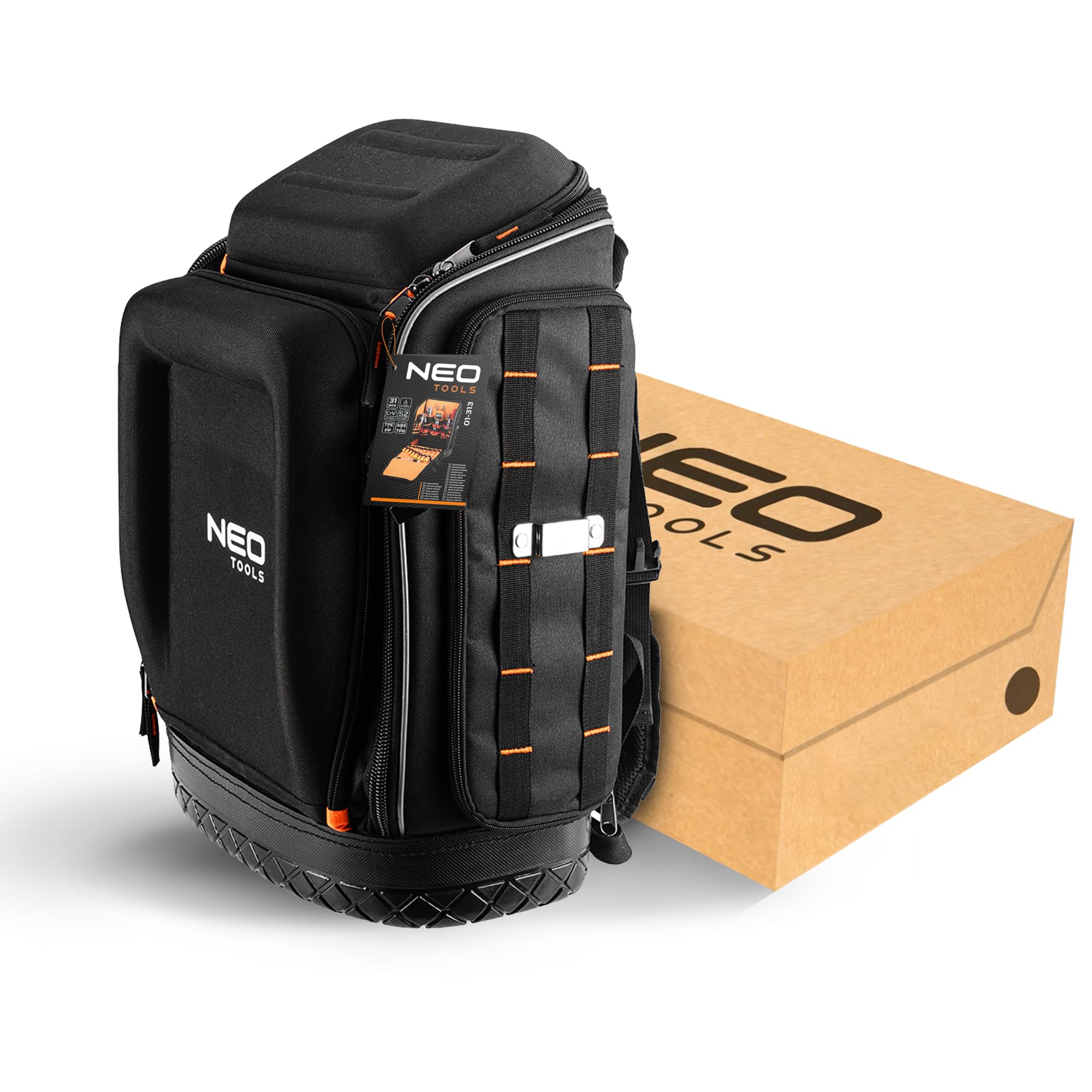 NEO TOOLS Sac à dos à outils 20 l I Poches pour accessoires | Sac à dos à outils avec fond en caoutchouc, sac à dos robuste avec renfort pour électriciens, plombiers, travailleurs d'entretien 26