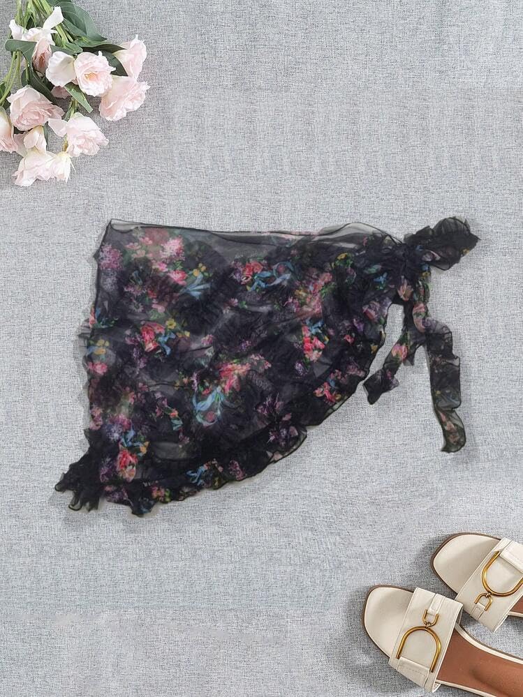 ZAFUL Women's Swimsuit Coverup Floral Wrap Skirts Beach Sheer Bikinis Cover Ups One Size Ruffle Trim Bathing Suit - Image 3