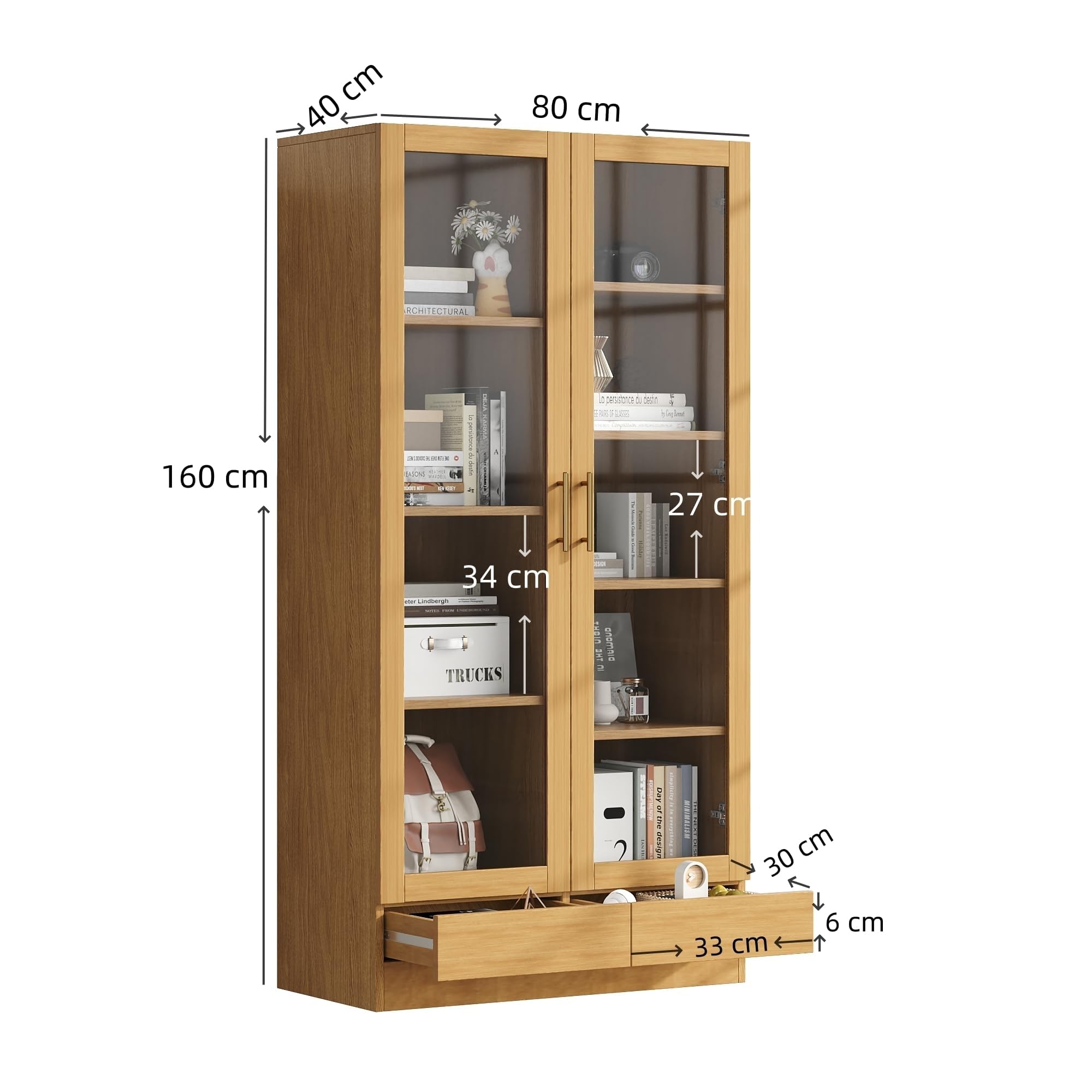 Vitrina de cristal (gabinete de oficina/estantería/archivador/estantería) – estantes escalonados, no ajustables, cajones push to abiertos sin asas, 80 x 40 x 160 cm, color madera