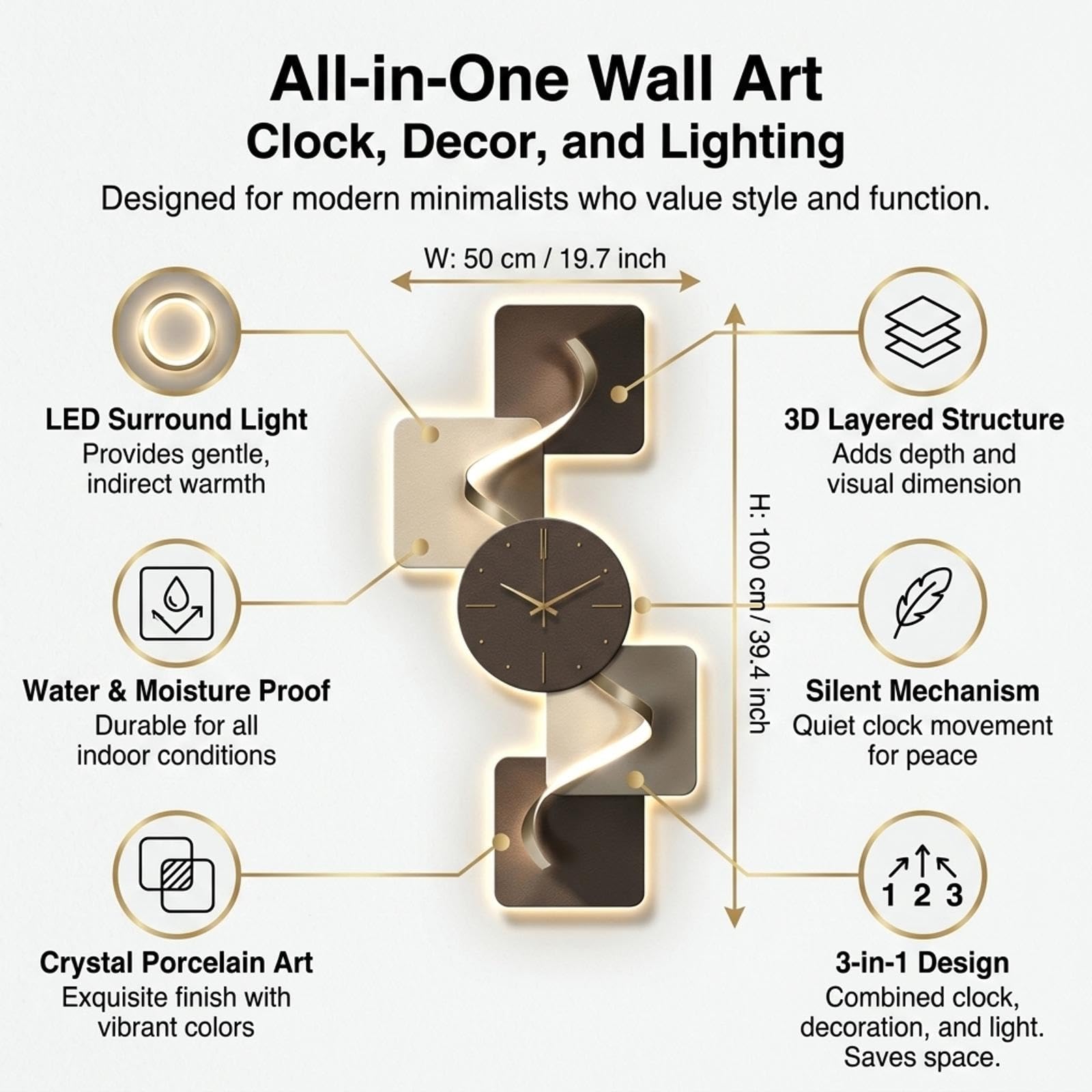Orologio da parete 3D moderno, orologio a LED con design geometrico | Orologio decorativo, silenzioso, arredamento soggiorno, moderno, luce LED(D-LED,47.2*23.6IN)