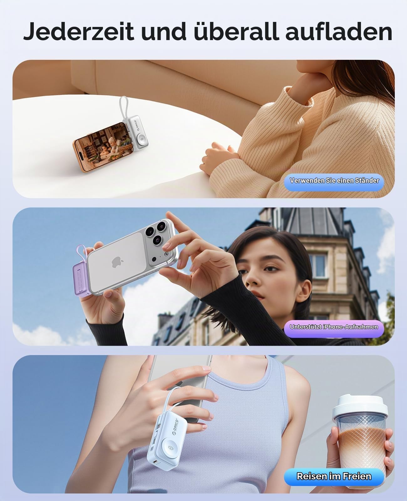 ORICO Mini Powerbank 5000mAh Weiß, Kompatibel mit Apple Watch und iPhone | PD 22,5W Schnellladung, Aufstellständer, nur Apple Watch Ladefunktion, klappbarer USB-Stecker, integriertes USB-C Kabel