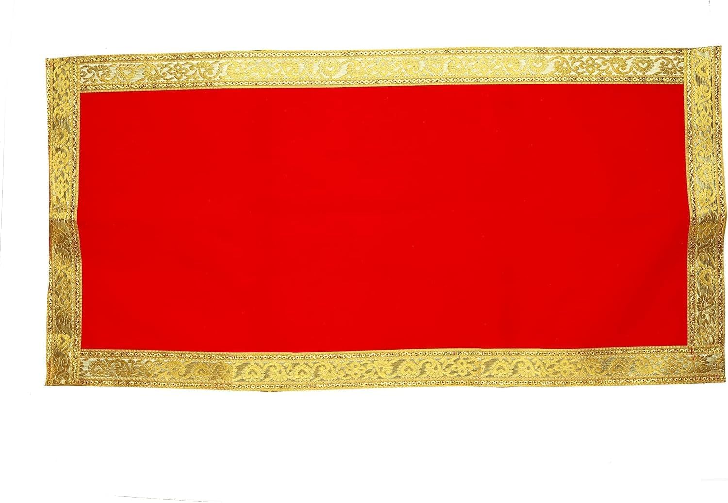 Decorative Velvet Mat Aasan Pooja Cloth(Size:-12 Inches X 26 Inches)for Multipurpose Indian Traditional Puja Festival Laxmi Poojan Decorations Decor Item Pooja Article Yellow Laxmi (Red)