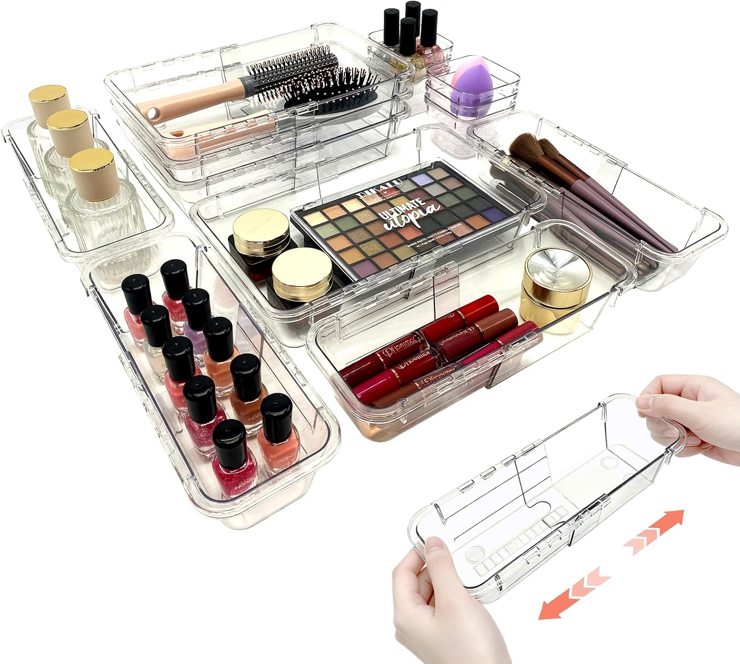 14 PCS Adjustable Clear Drawer Organizer Set - 3-Size Acrylic Storage Boxes for Makeup, Stationery, Kitchen Utensils, Tools & Bedroom Dresser Organization