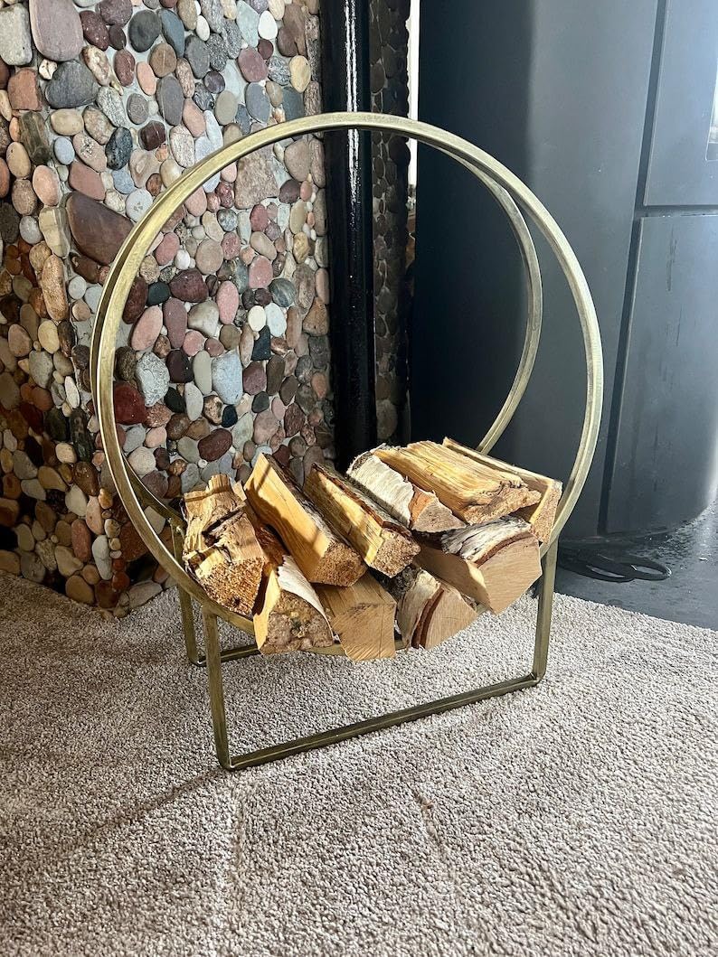 Eminence Lifestyle Heavy Duty Metal Firewood Rack, Round Indoor Outdoor Log Holder, Gold, 40.25" L x 15.75" W x 45" H, Fireplace, Patio, Garden, Yard, Outdoor Fire Pit, Wood Stove