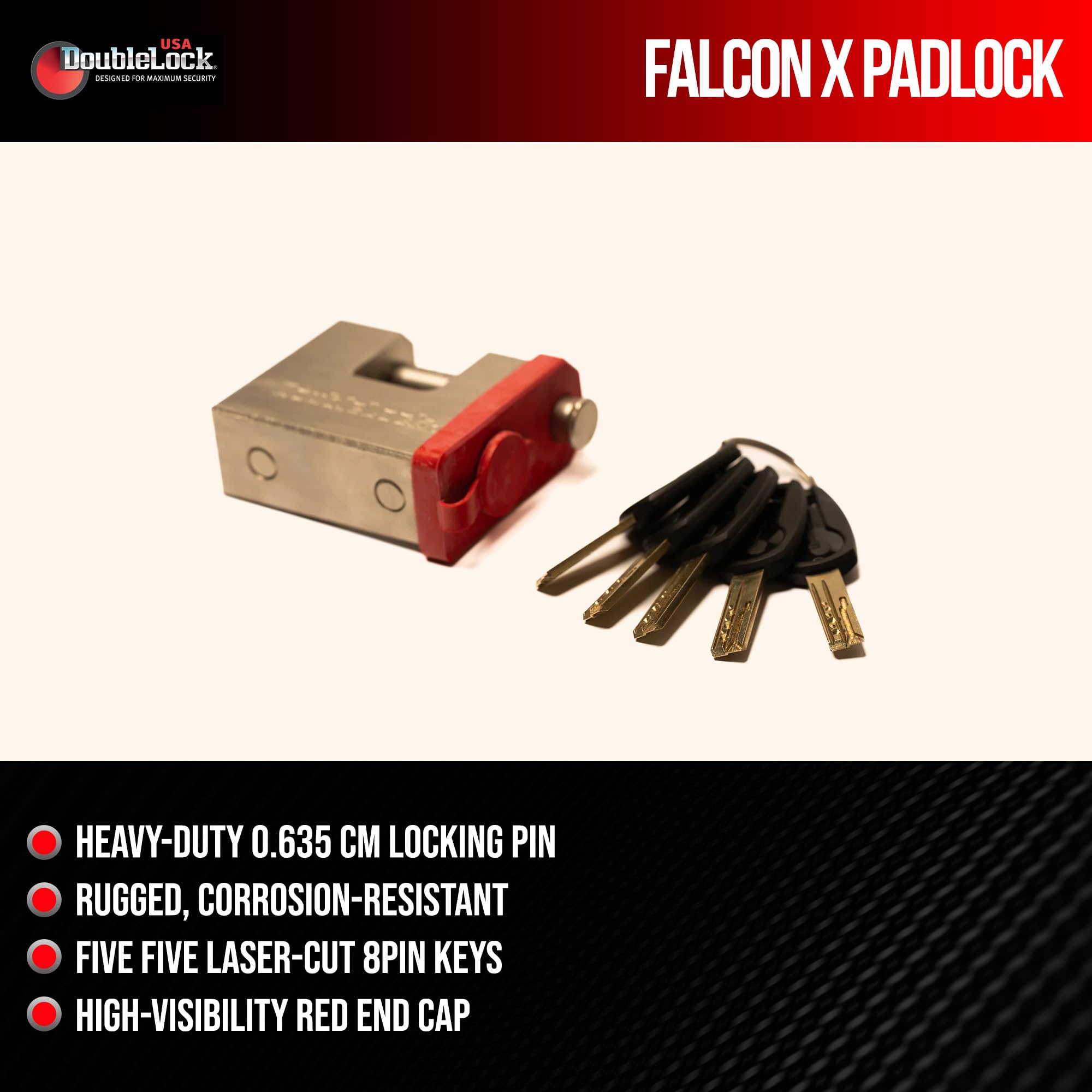 DoubleLock Falcon Brass -X Max Duty - Candado resistente de 1/2 pulgada, cilindro de 6 pines con 5 llaves cortadas con láser y tapa disuasoria roja - Seguridad resistente a la intemperie para