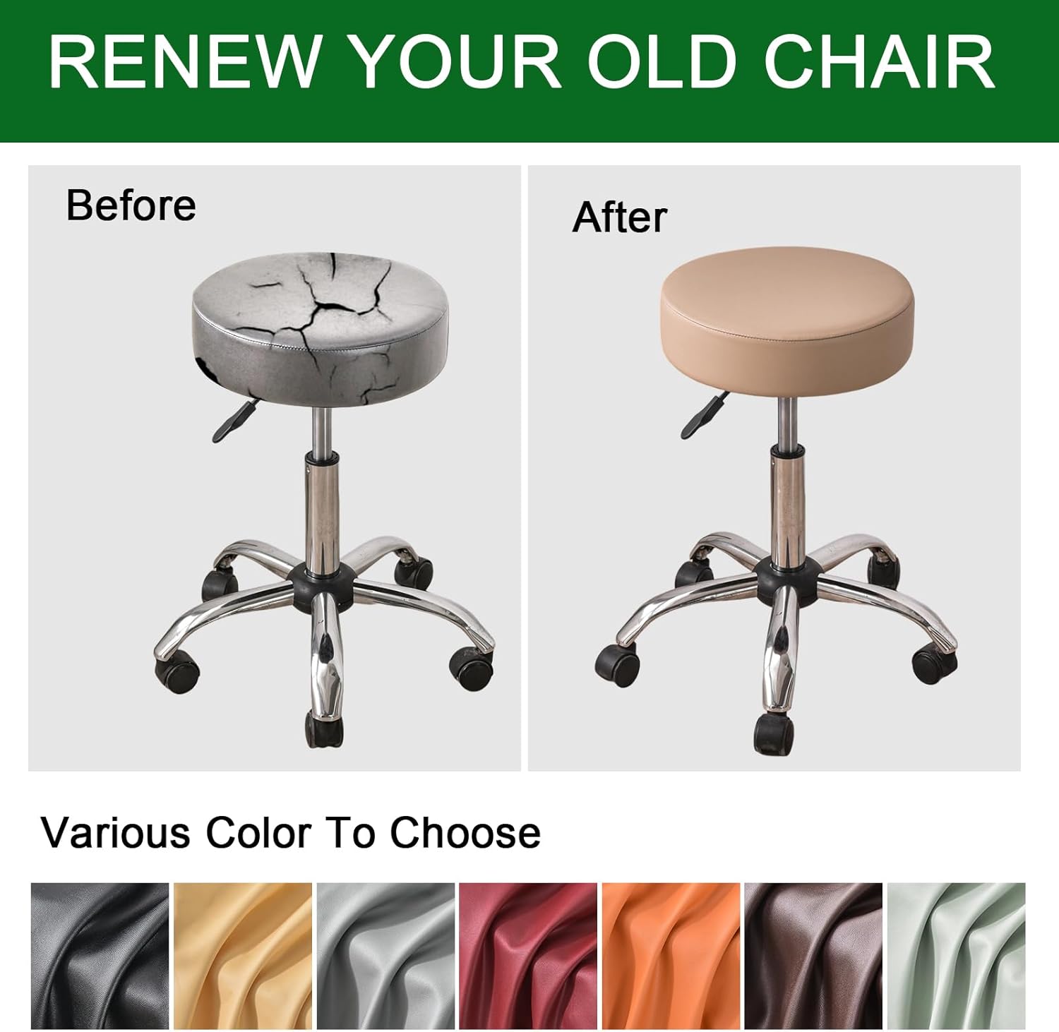 FUANGUI Bar Stool Covers Round Set of 4, Waterproof PU Bar Stool Seat Covers with Elastic Bands,Bar Stool Chair Covers Washable Stool Cushion Slipcover for 16-18 Inch - Khaki