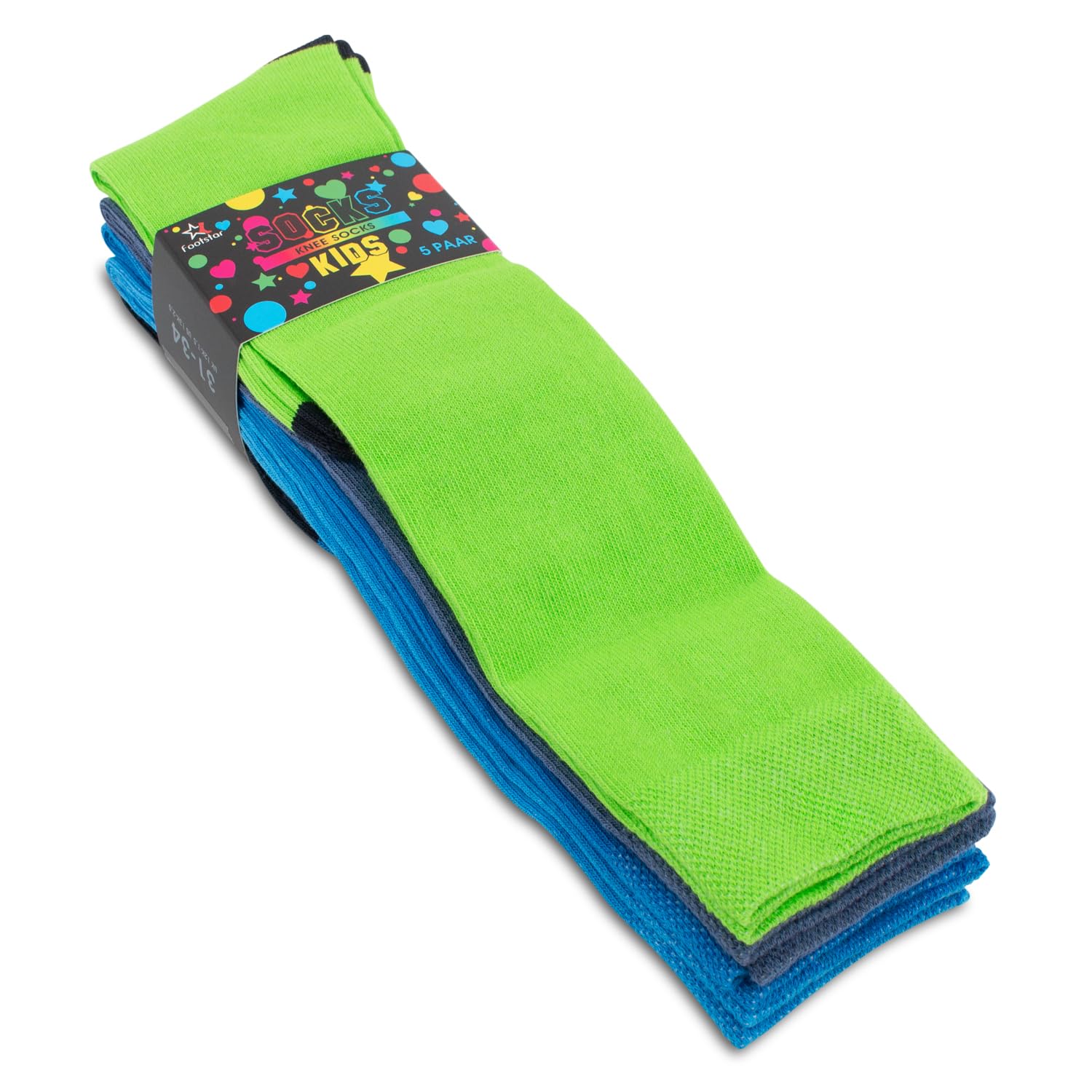 Footstar Kinder Baumwoll Kniestrümpfe (5 Paar) mit abgesetzter Ferse und Spitze