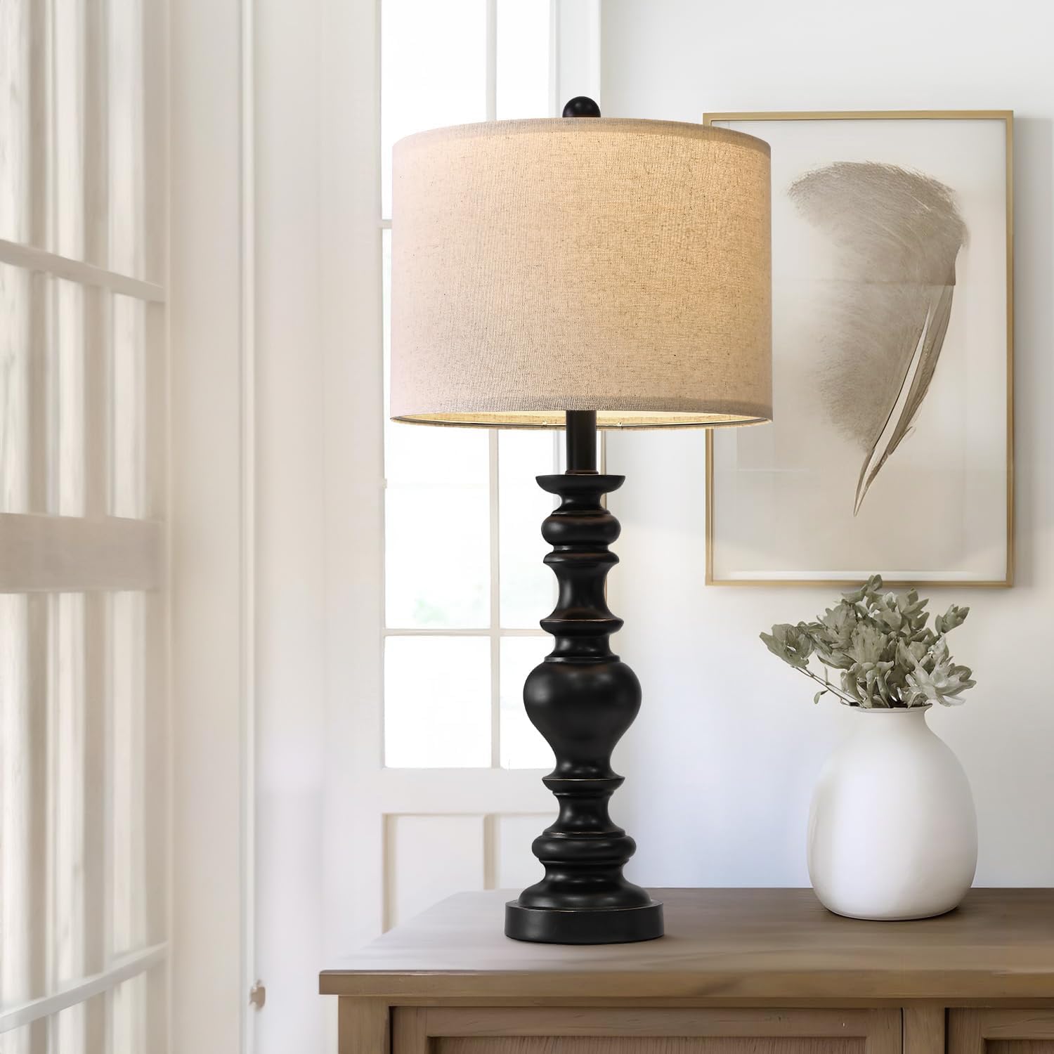 BOBOMOMO Resin 27.5" Farmhouse Lamps for Bedrooms Retro Side Table Lamps Bedside Lamp for Side Nightstand Living Room Black?1 Pack?