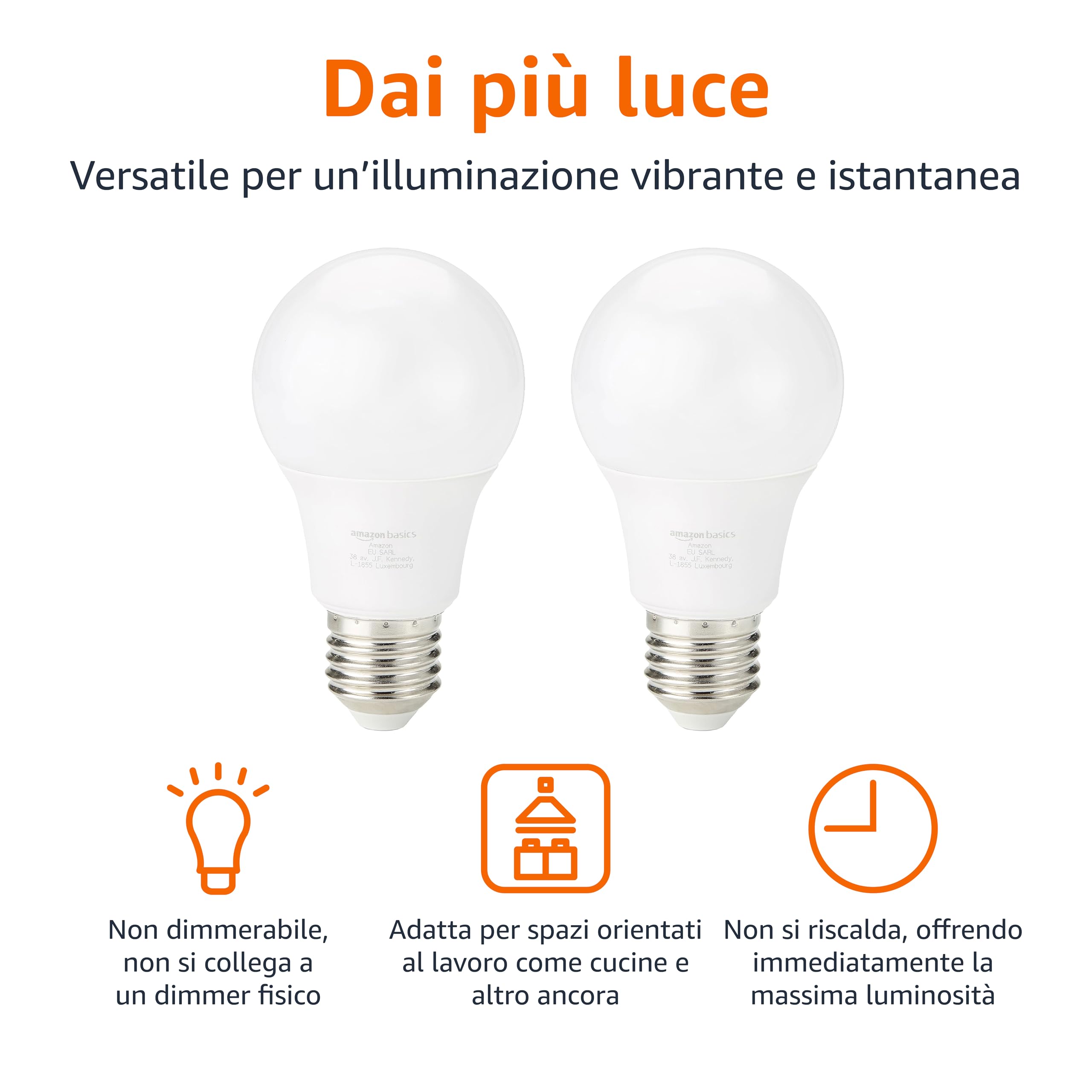 Amazon Basics - Lampadina Edison a LED E27 con attacco a vite, 8 W (equivalenti a 60 W) bianco freddo, Non Dimmerabile (confezione da 2 pezzi)