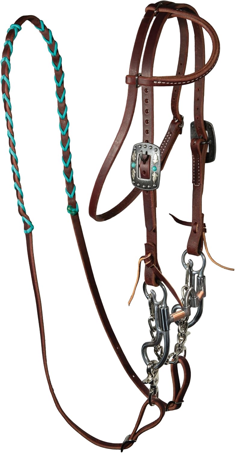 Professional's Choice Pony Bridle Set | 1/2" Wide Split reins, one-Ear Latigo Headstall with Throatlatch, Snaffle bit and Adjustable Curb Chain