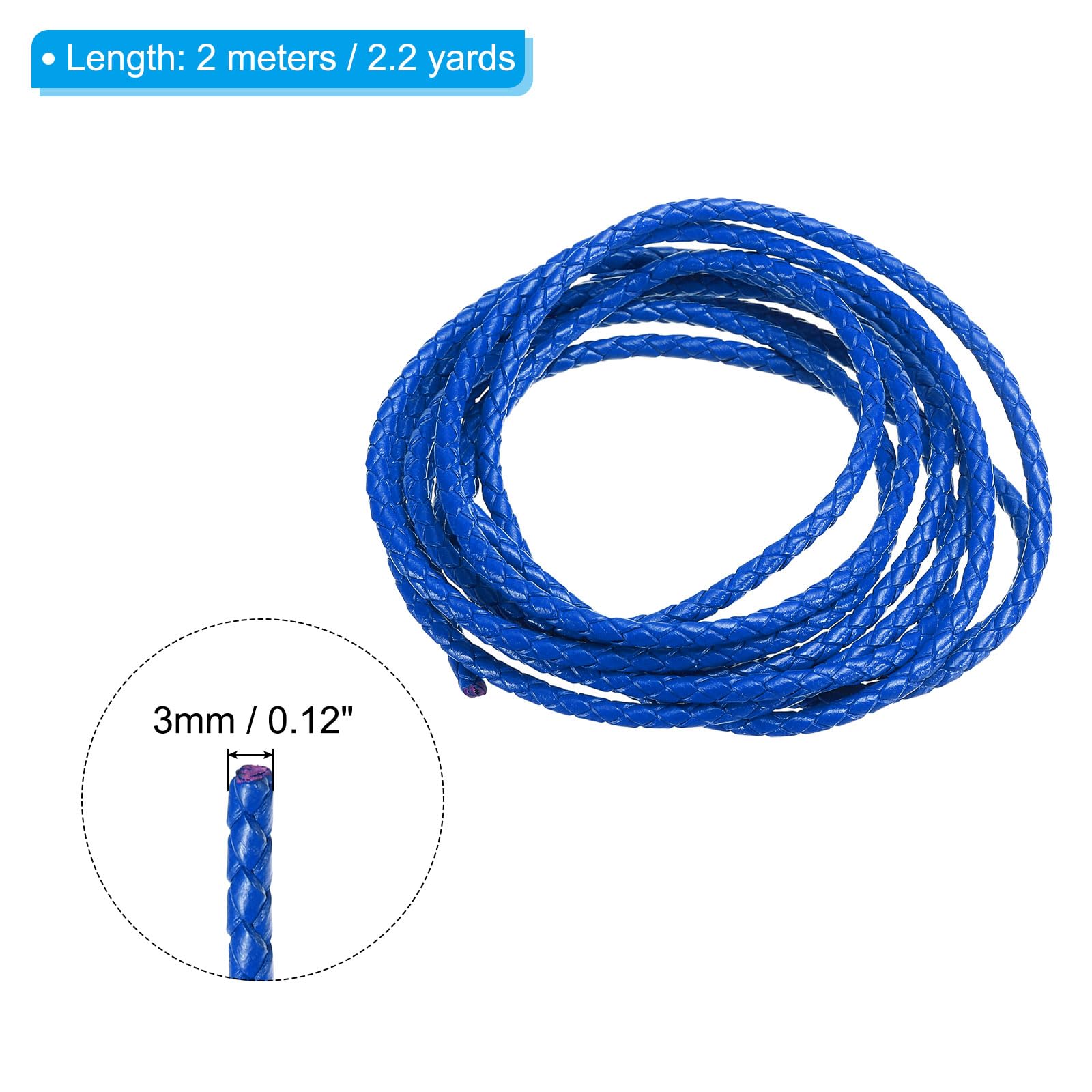PATIKIL 2m Cordon en Cuir Tressé Rond, 3mm Corde Ronde Tressée en Cuir Véritable Pliée pour Artisanat Fabrication de Bijoux Colliers Bracelets Bricolage, Bleu Clair