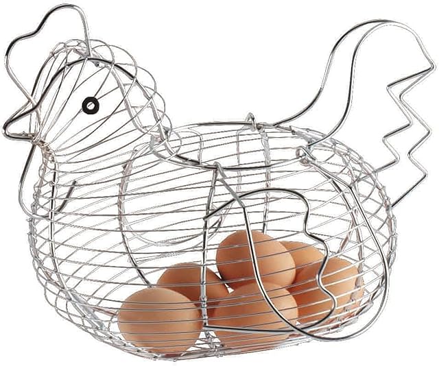 Pkge Chrome A Plated Chicken Shaped Wire Egg Storage Basket Holder Rack, Table Top Snacks Organizer Kitchen Gadget- Store 24 Eggs (Pack of 1)